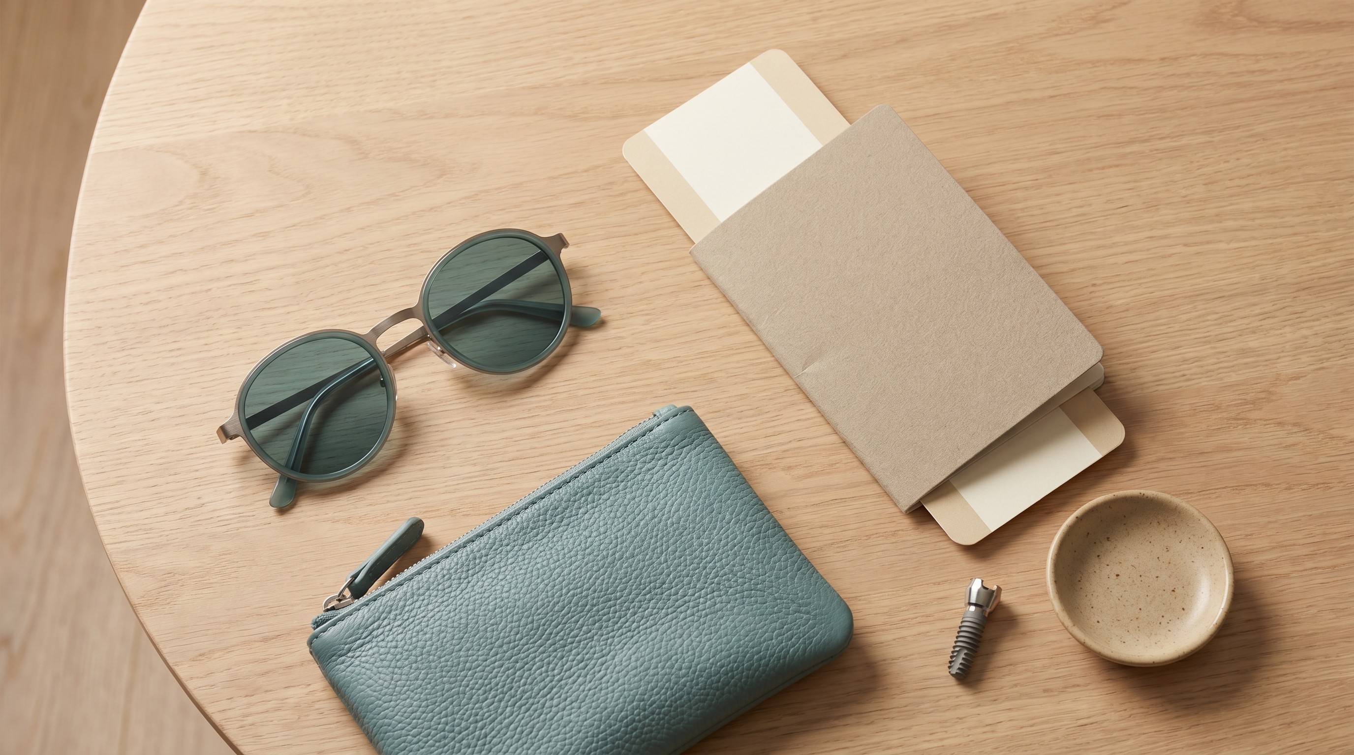 Overhead flat-lay of passport, boarding pass, sunglasses, and a titanium dental implant on wood