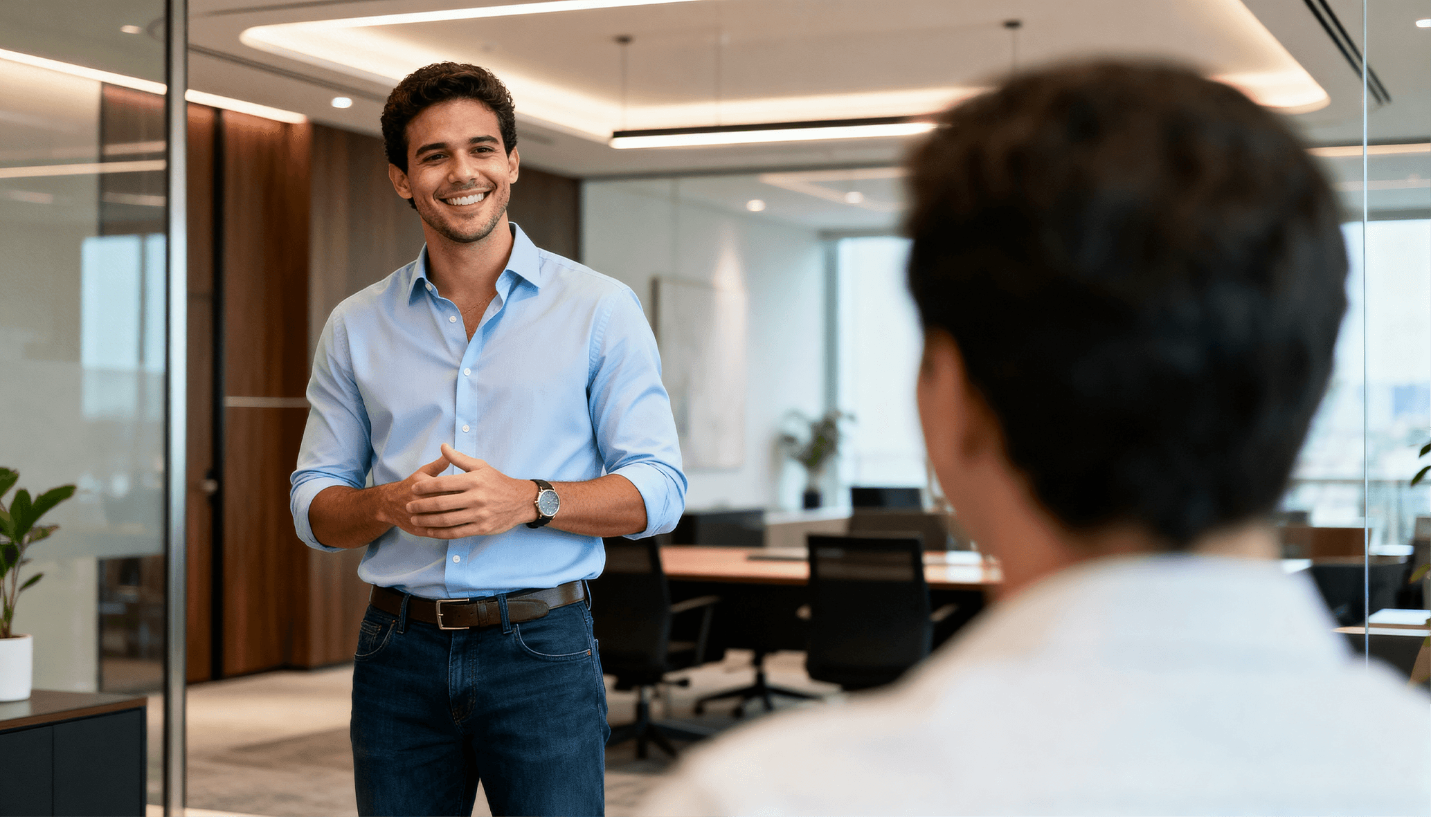 Smiling man in blue shirt presents in corporate office, representing Inbix's educational platform services.