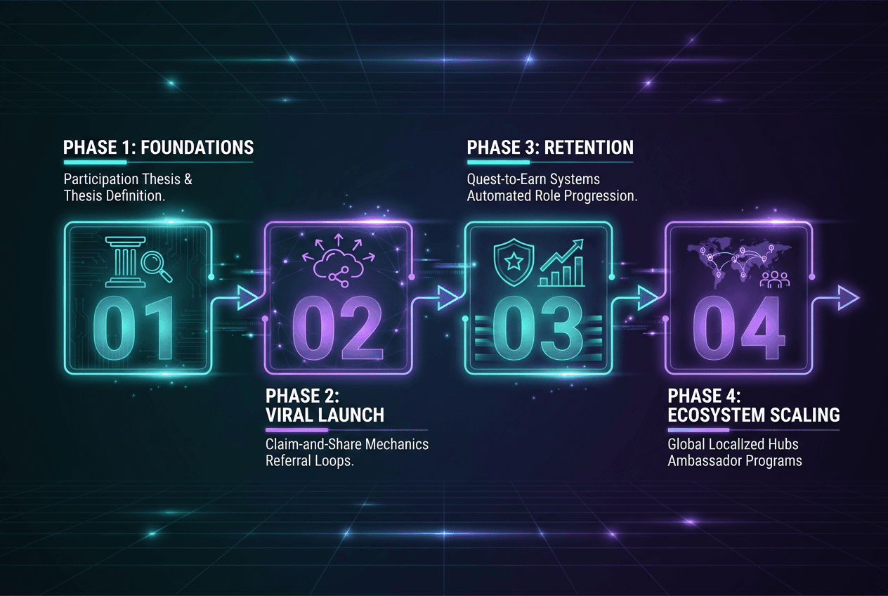 A 4-phase lifecycle diagram for Web3 Discord growth including foundations, viral launch, retention systems, and ecosystem scaling for protocols.