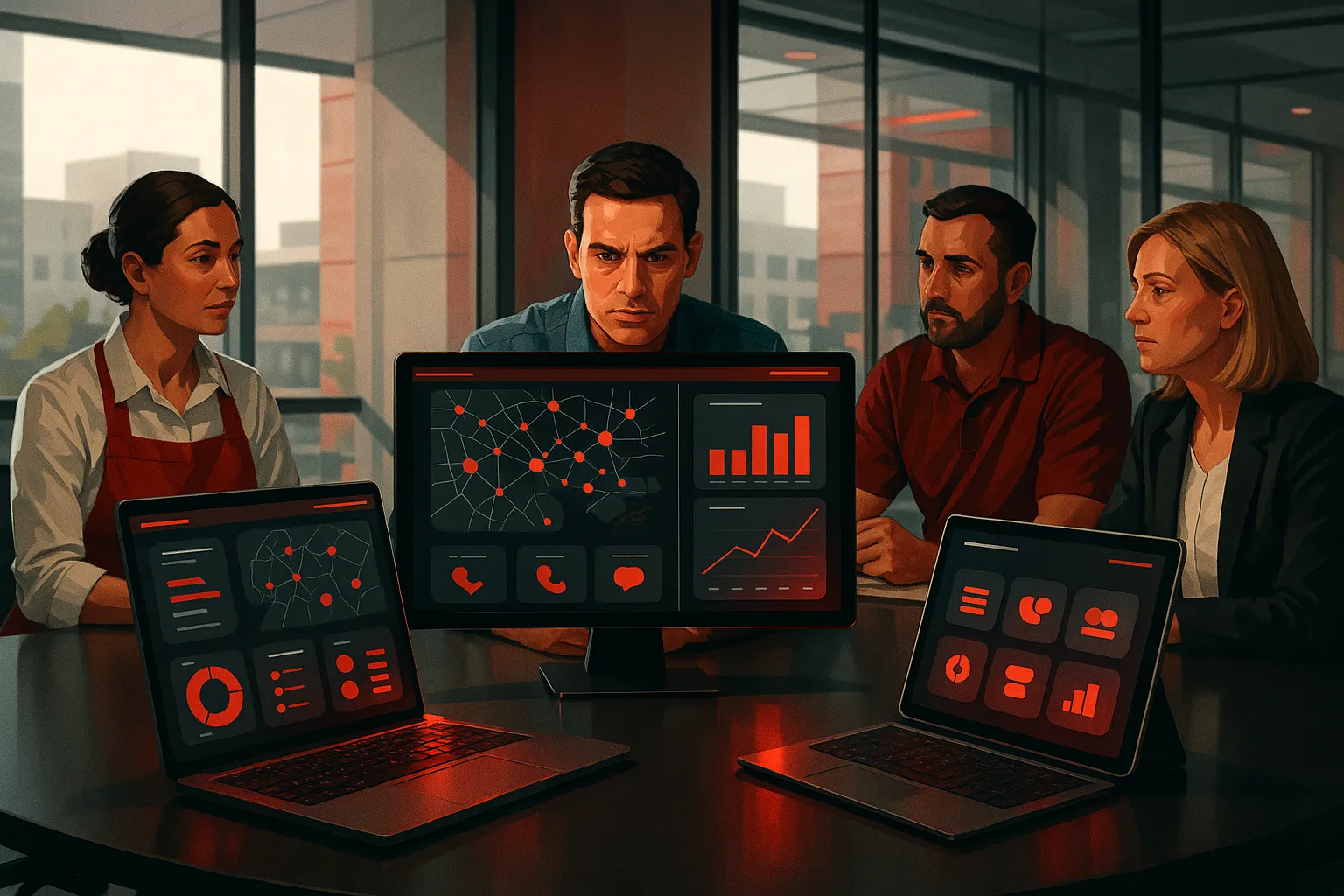 RockN' Socials team in a digital marketing meeting with data on screens.