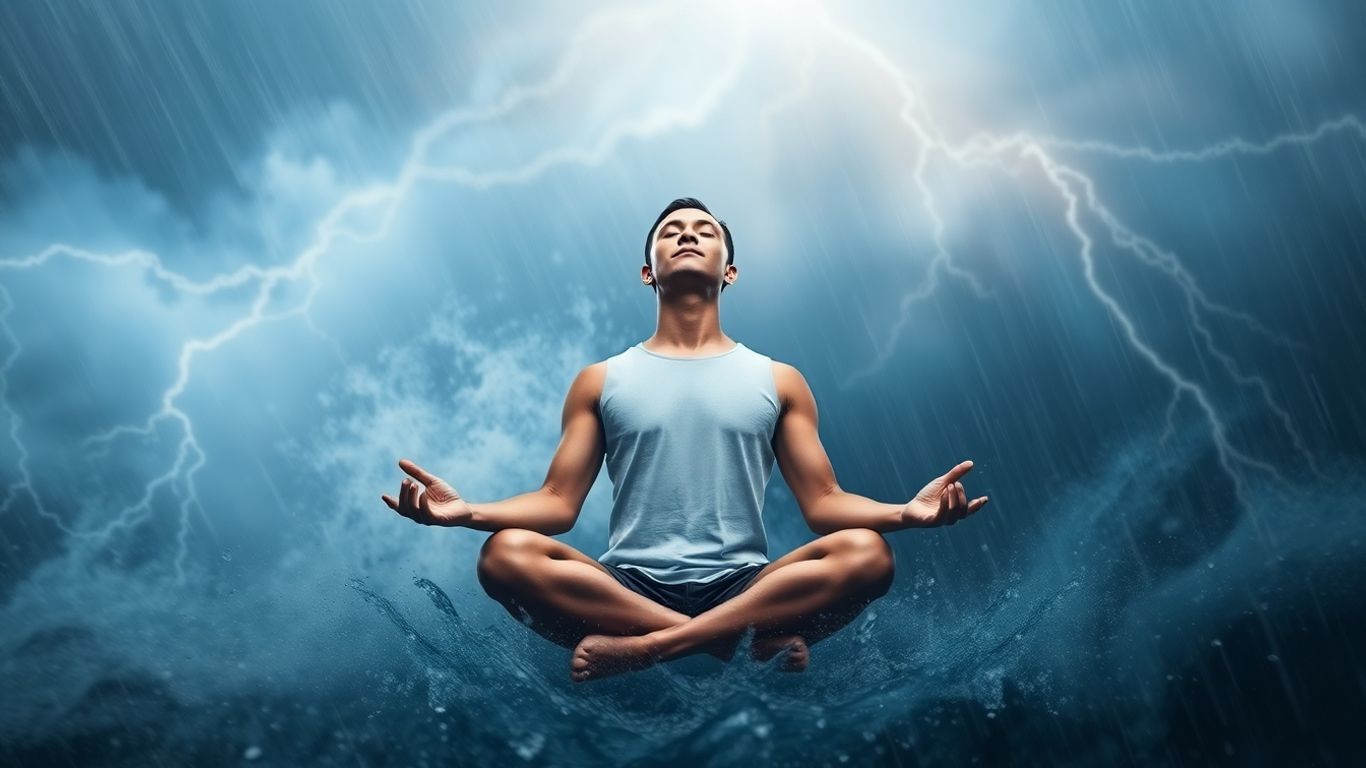 Person meditating calmly in a chaotic storm.