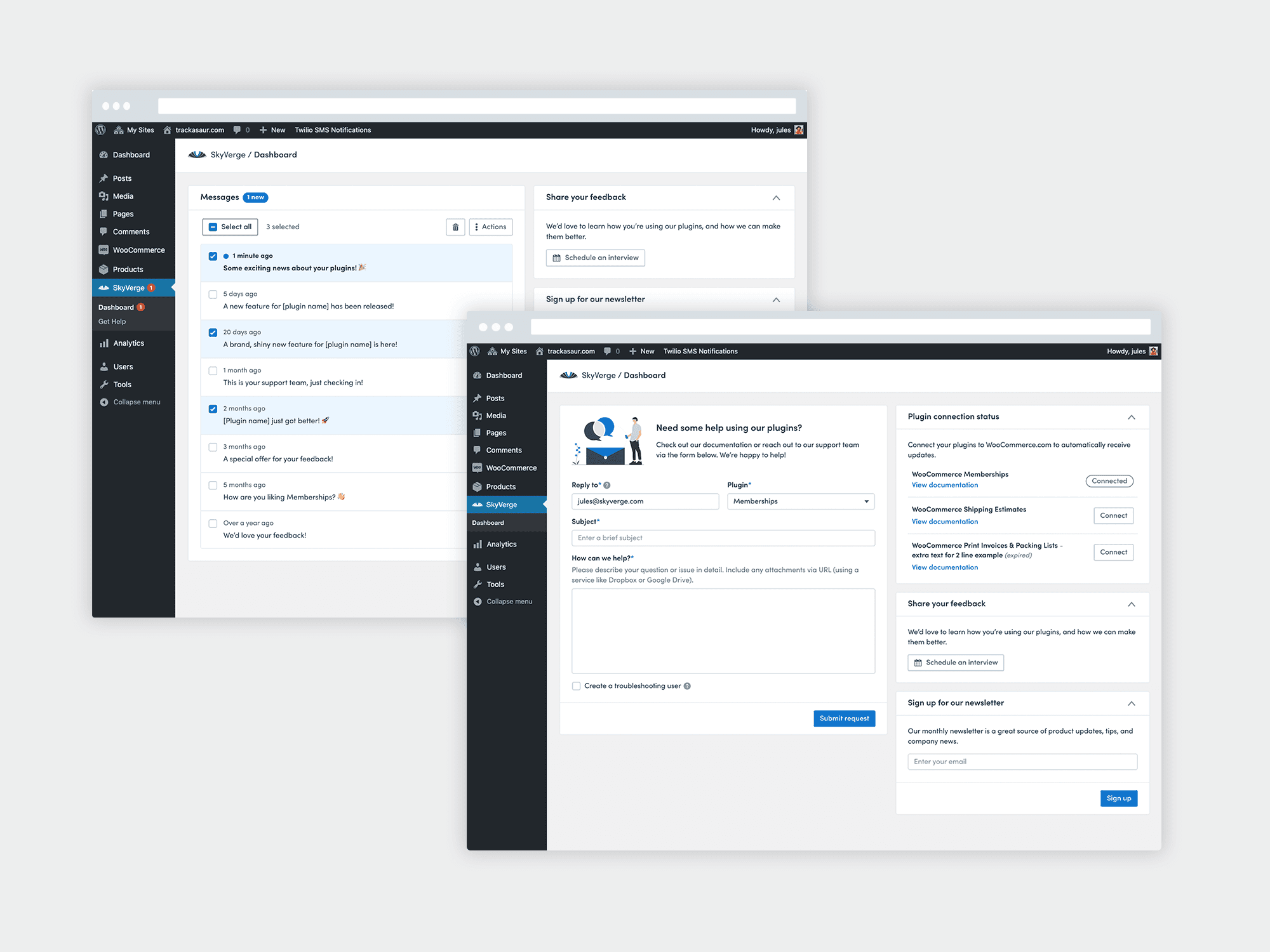 Iterations of a Wordpress dashboard, utilizing the Kodiak Design System, that allows users to manage their SkyVerge plugins.