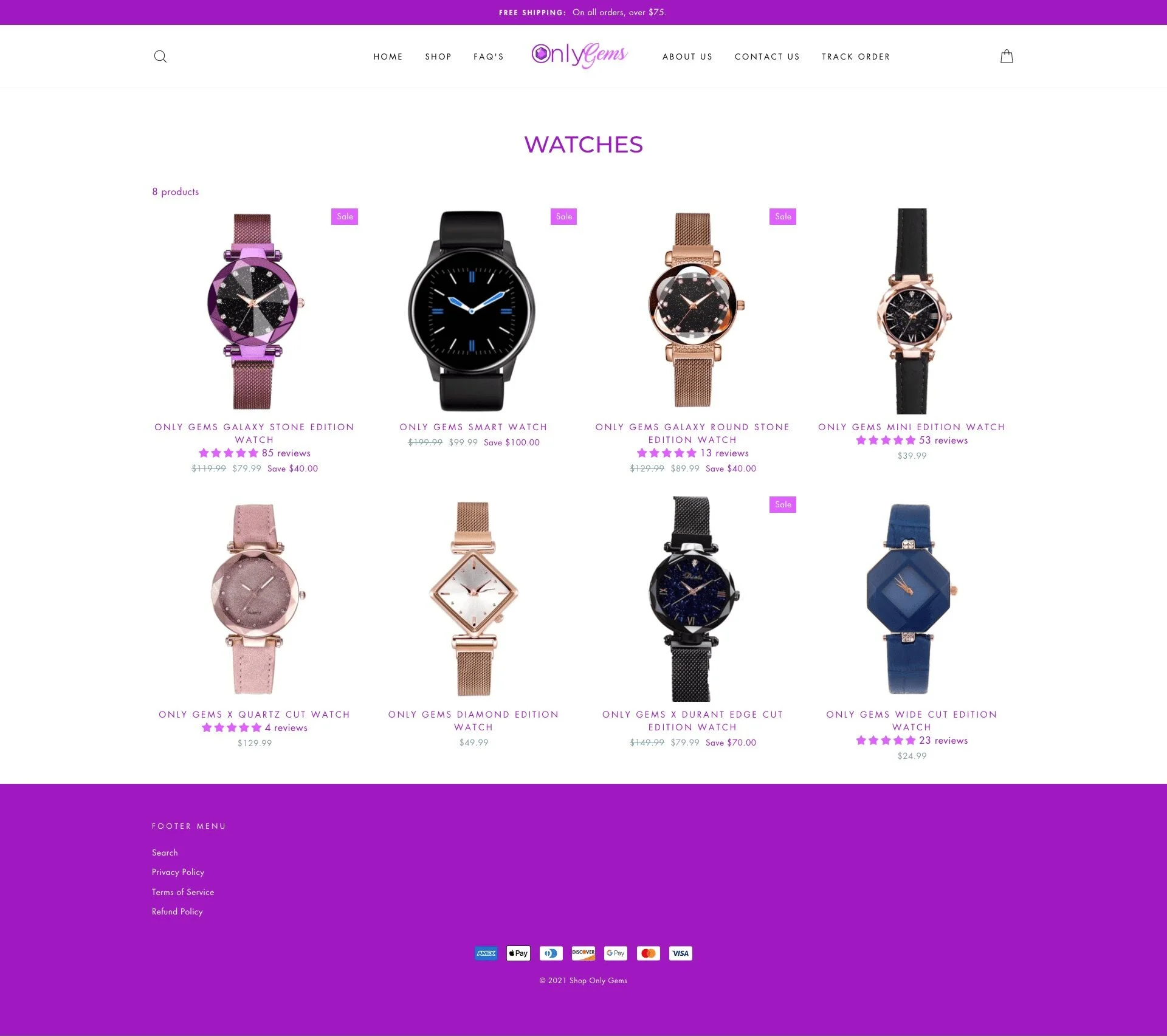 watches page for shoponlygems website developed & designed by Dreams Agency Mississauga, Ontario
