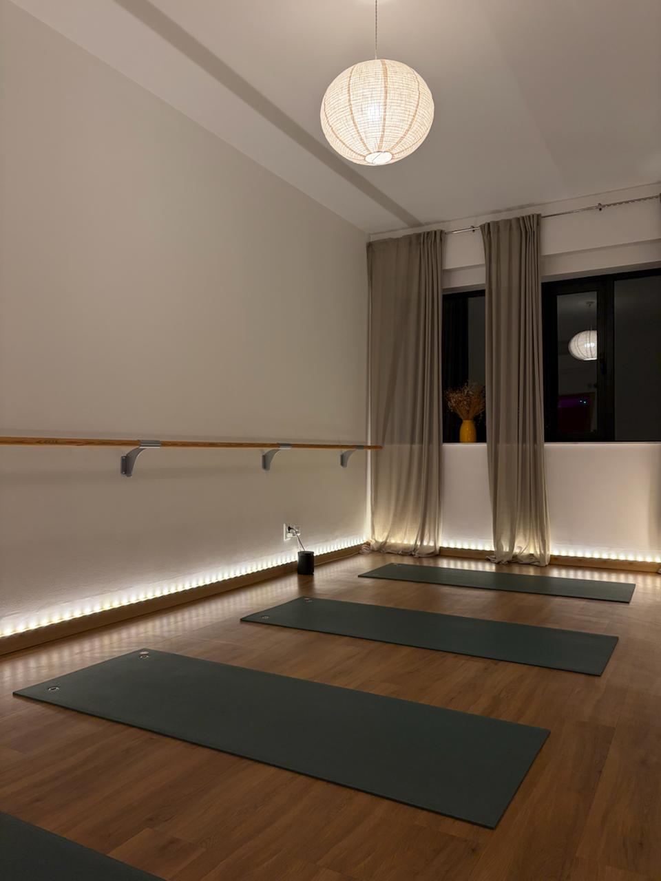 Bright yoga studio for rent in Lisbon with natural light, indoor plants, and premium yoga mats