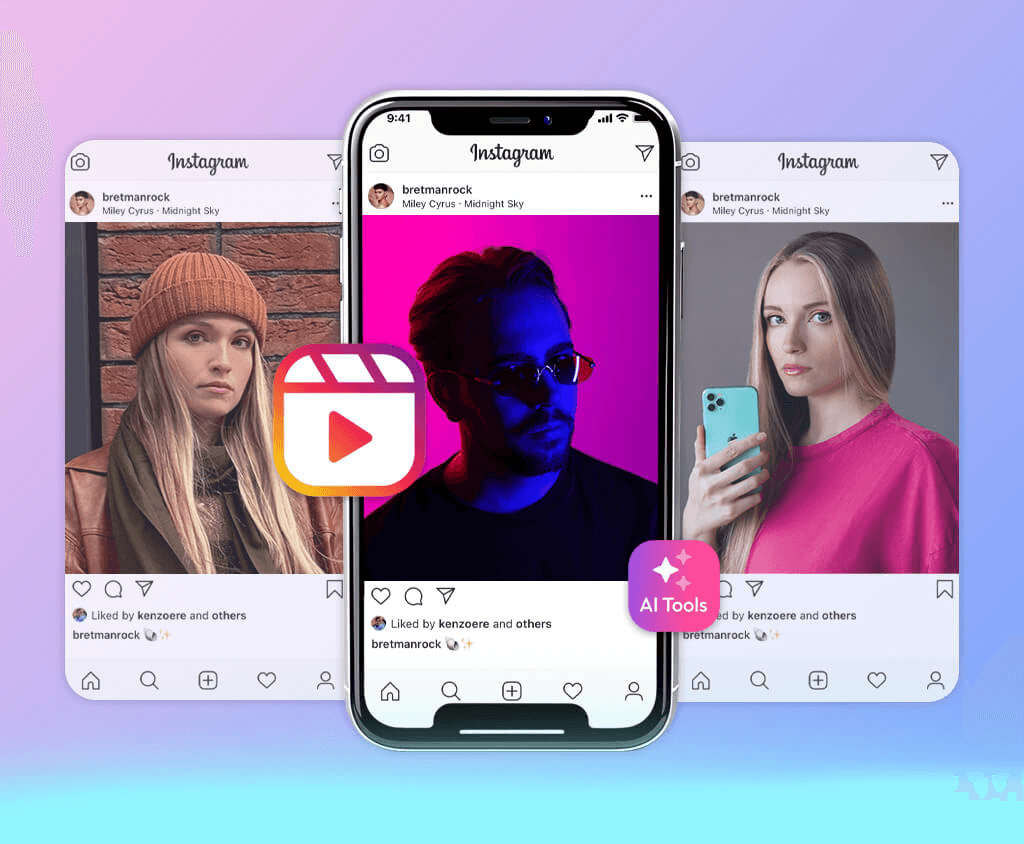 Smartphone screens display AI Instagram Reels -  AI Tools for Instagram Content Creation