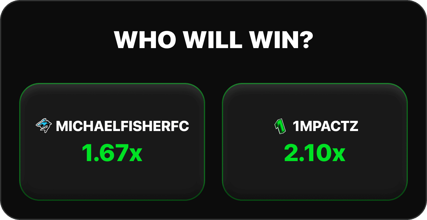 1v1Me FC esports pre-game staking screen showing match winner market between MichaelFisherFC and 1MPACTZ