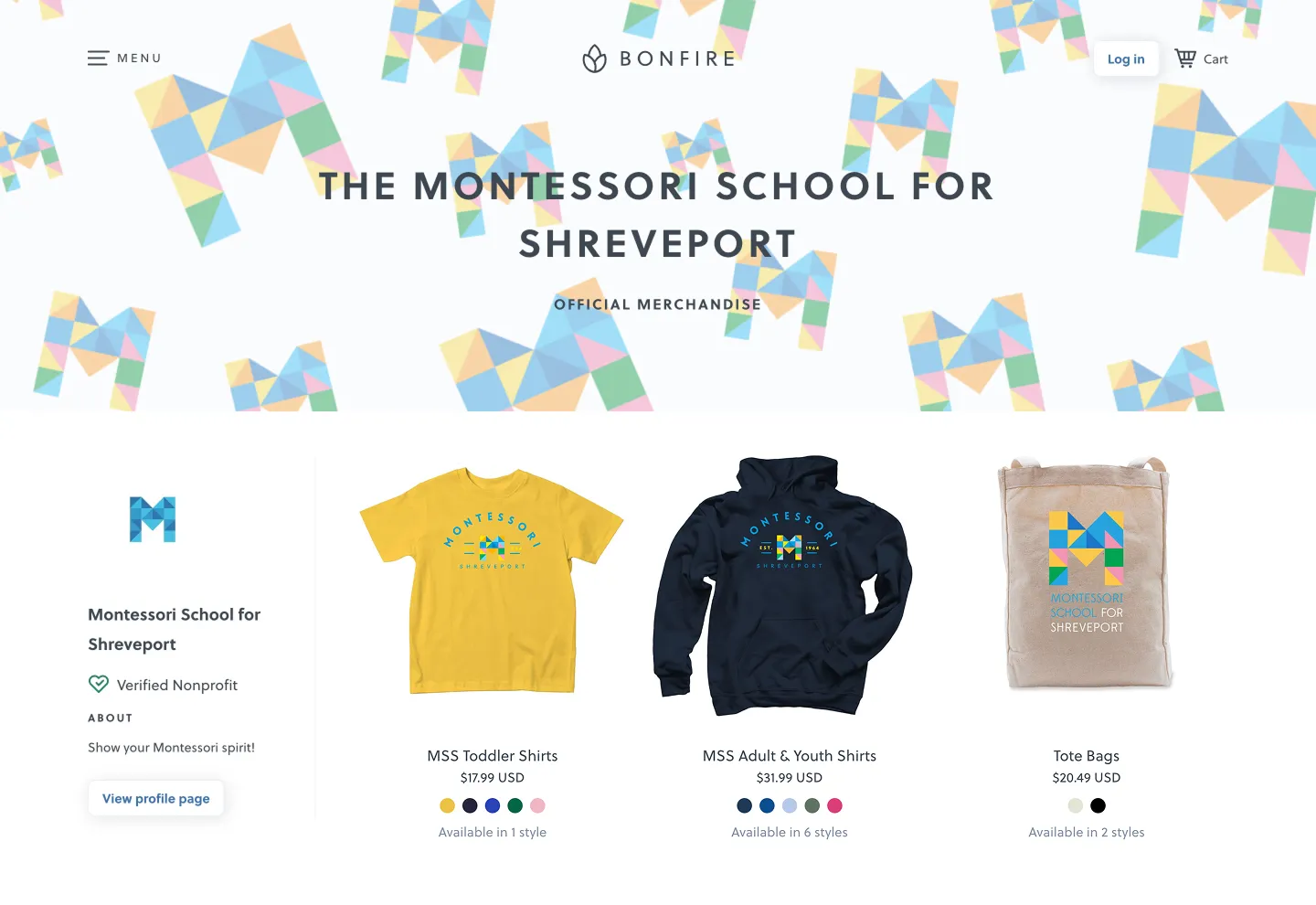Montessori School for Shreveport merchandise webpage showing t-shirts and tote bags featuring school logo.