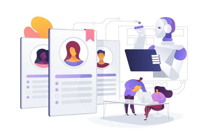 The image depicts a modern office workspace featuring multiple computer screens displaying candidate profiles and screening data, illustrating the candidate screening process. This setup is essential for hiring managers to evaluate qualified candidates against job descriptions and relevant skills during the recruitment process.