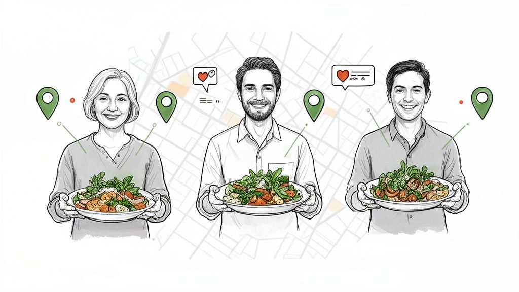 Three smiling individuals holding plates of fresh, plant-based meals with map and location pins.