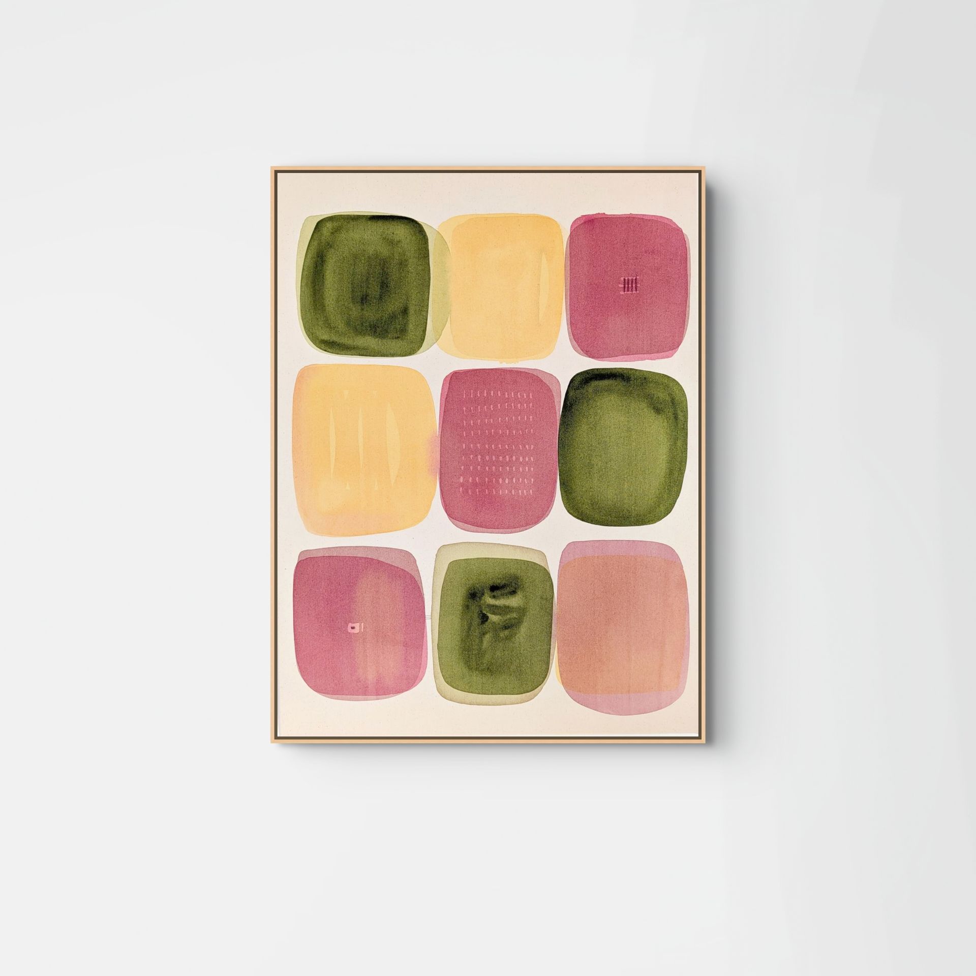 Colorful abstract art piece featuring a grid of soft pink, yellow, and green shapes on a white background.