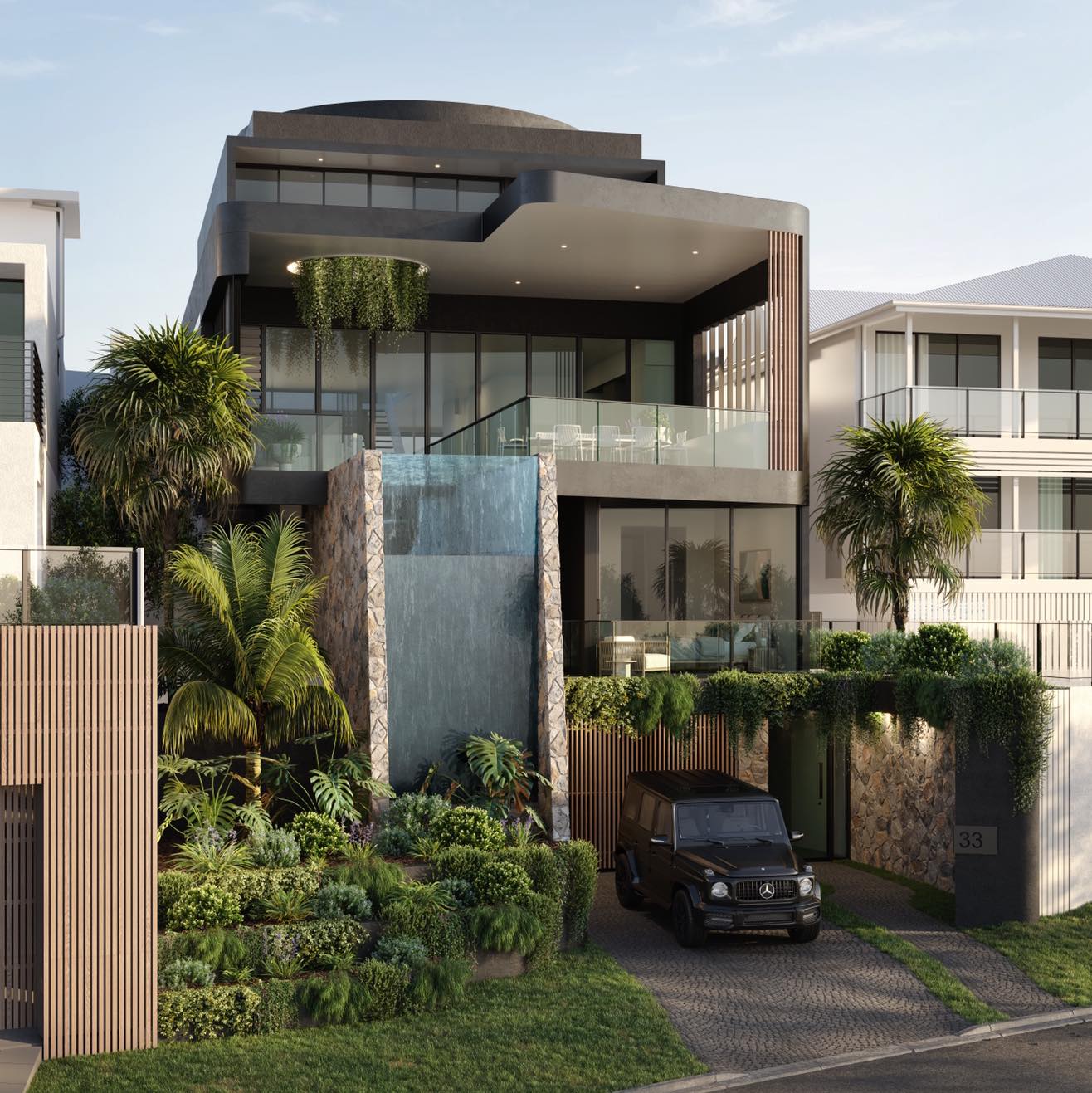Aerial view of a stylish restaurant with a marble-topped bar, wooden floor, and beige cushioned booth seating. Tables set elegantly, evoking a cozy, upscale ambiance.