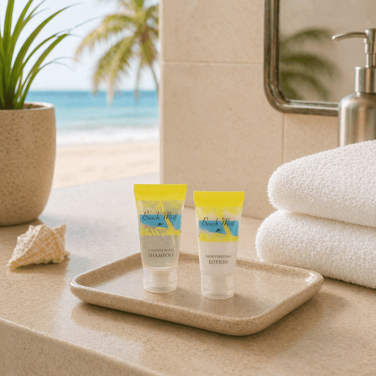 Close-up of a small Beach Mist conditioning shampoo tube dispensing liquid into a person’s hand inside a hotel shower, with warm lighting, water droplets, and a clean spa-like environment.