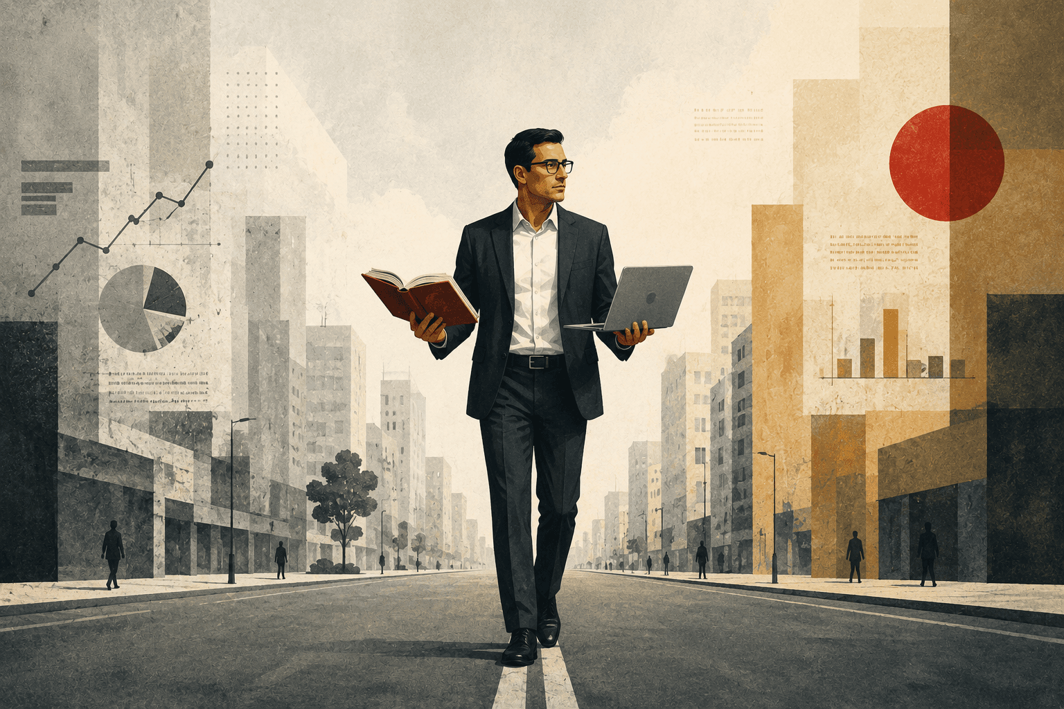 An executive walking down the street with laptop and book in hand