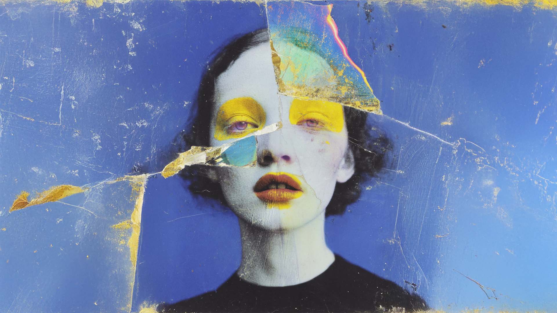 Abstract digital portrait with torn paper and gold accents, surreal conceptual artwork.