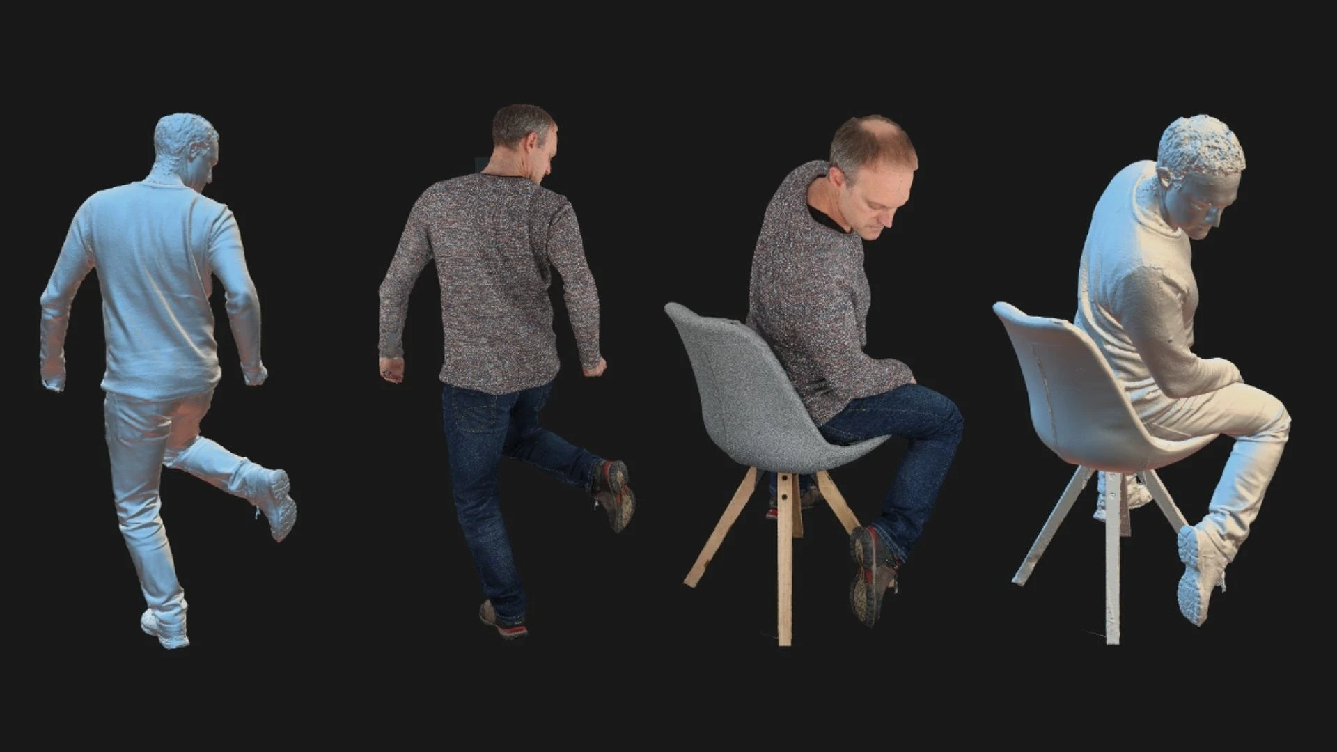 3D model of male in two different poses, first standing with his right leg up, looking at his right foot, and second sitting on a chair with his right foot turned back, again looking at his right foot.