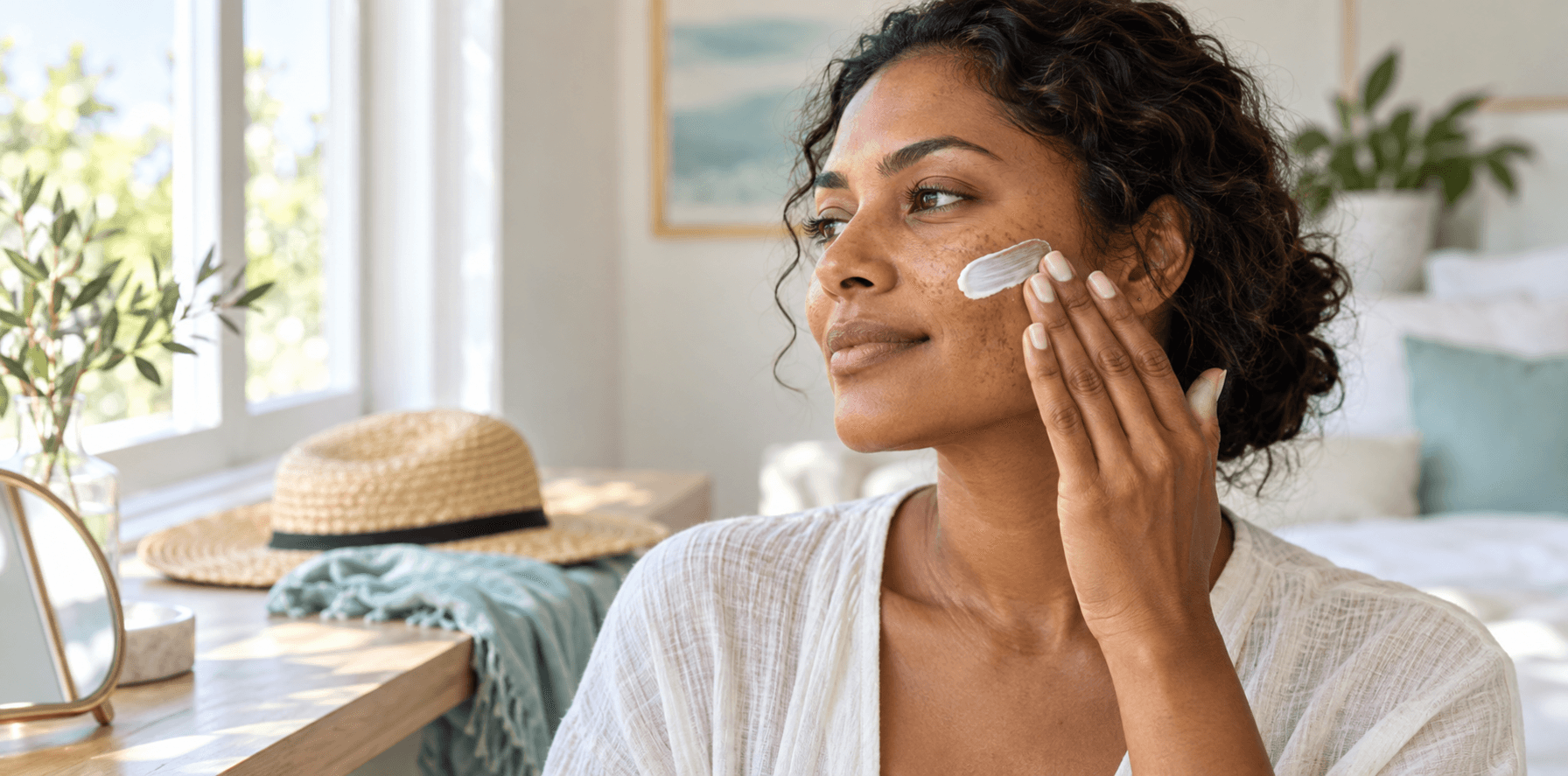 Woman with natural facial pigmentation applying sunscreen, with a sun hat nearby.