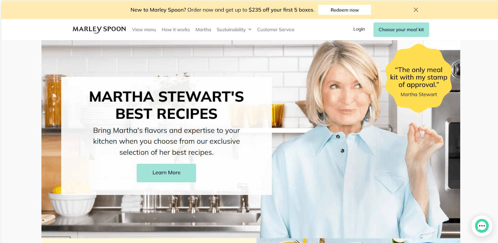 landing page from television personality Martha Stewarts