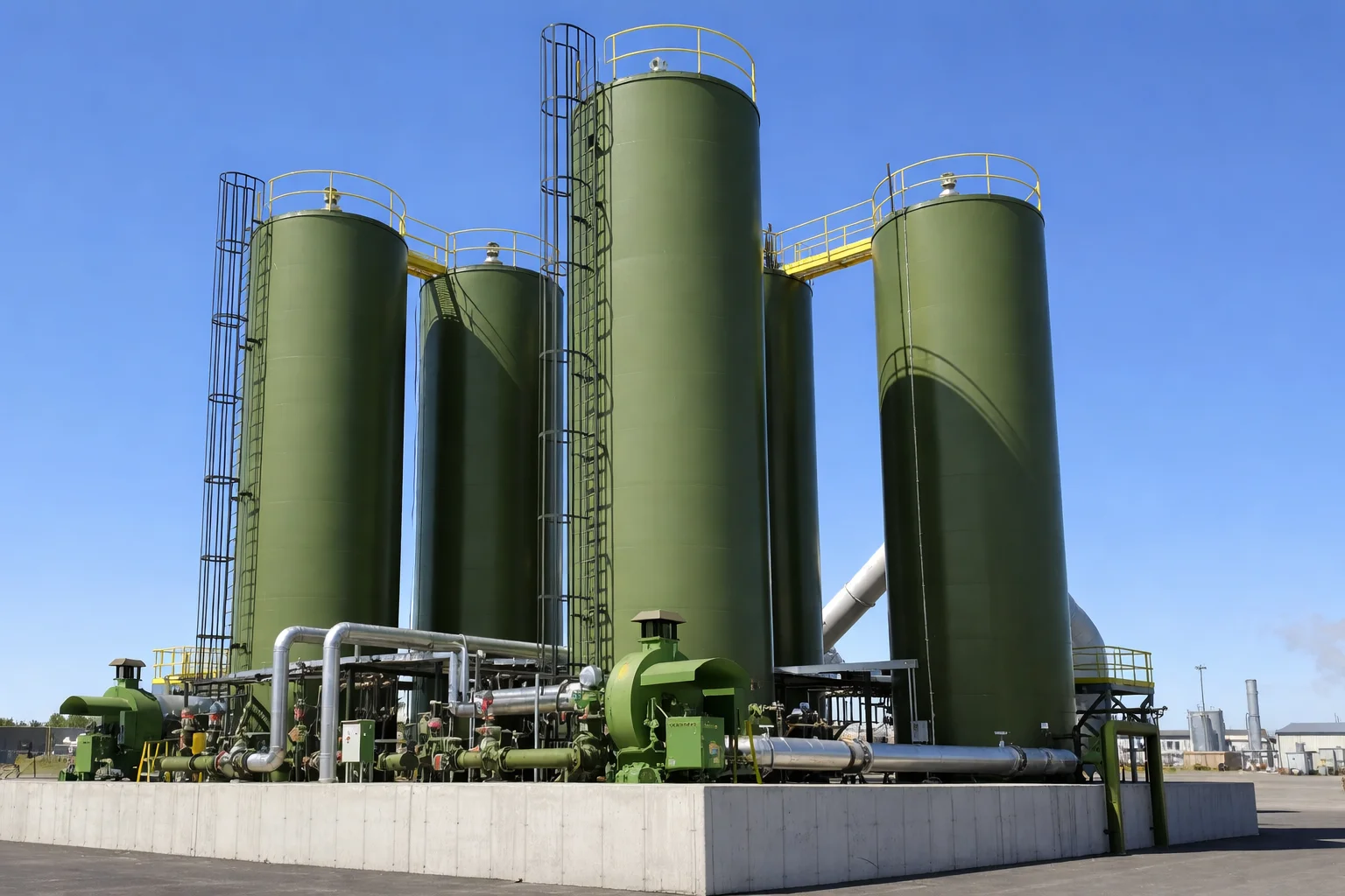 Large industrial concrete batching plant with multiple green silos