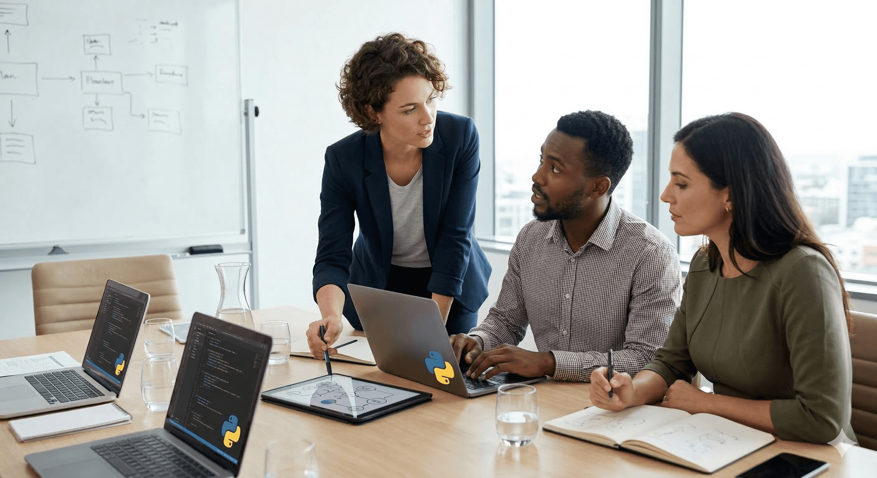 In a modern office setting, three professionals engage in a focused discussion around a conference table, surrounded by laptops displaying code, emphasizing teamwork in developing secure AI agents as a defense against prompt injection.