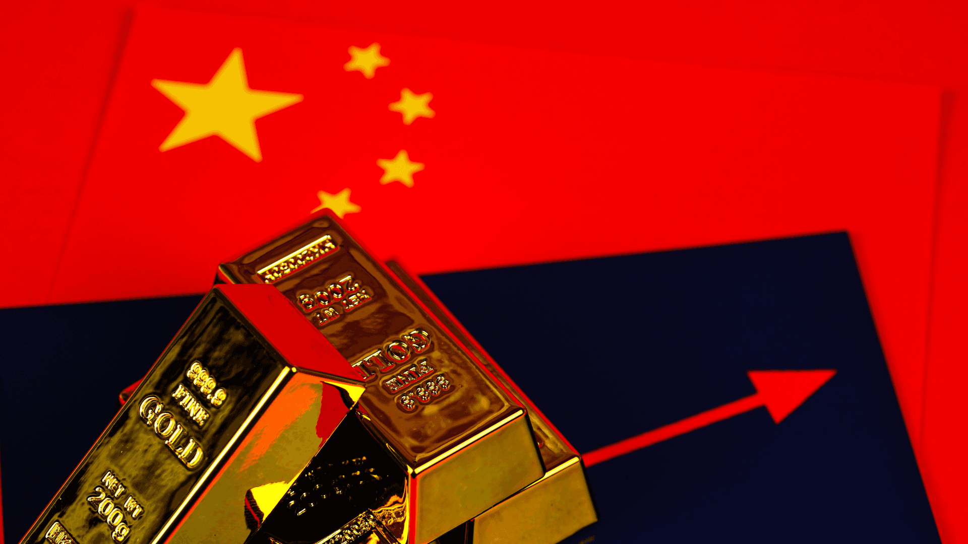 Gold bar positioned in front of the China flag with an upward-pointing red arrow beside it.