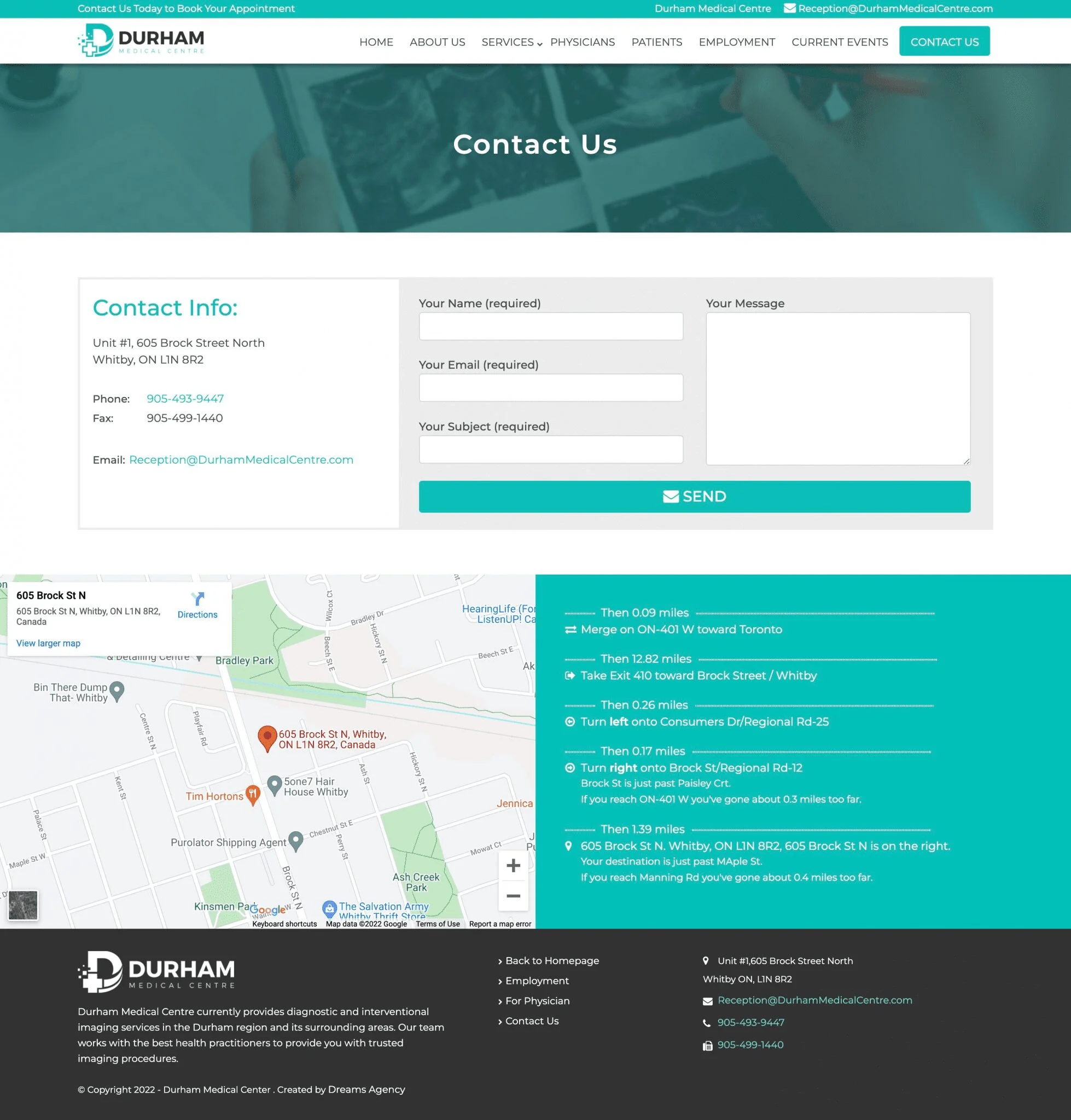 Contact Us Page For Durham Medical Centre website developed & designed by Dreams Agency Mississauga, Ontario