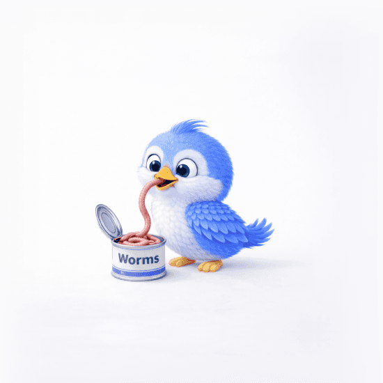 A cheerful blue bird pulling a worm from an open can in a clean, white kitchen setting.