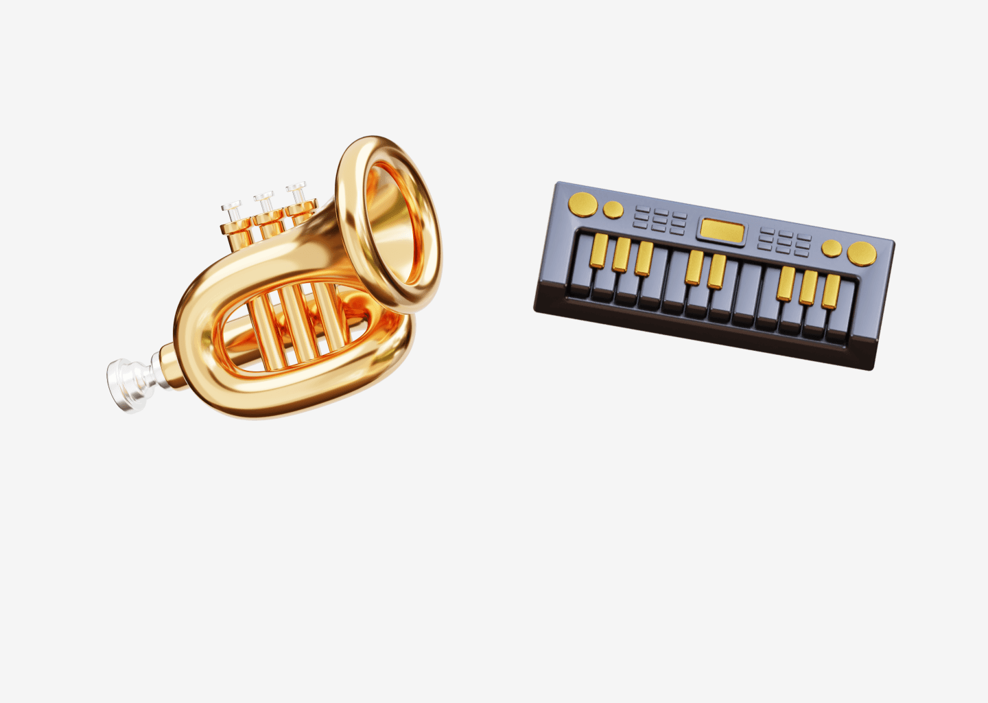 Left: a trumpet. Right: a piano keyboard