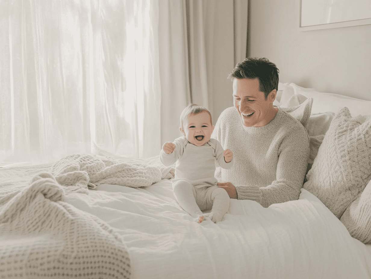 12 month old baby with dad in bed