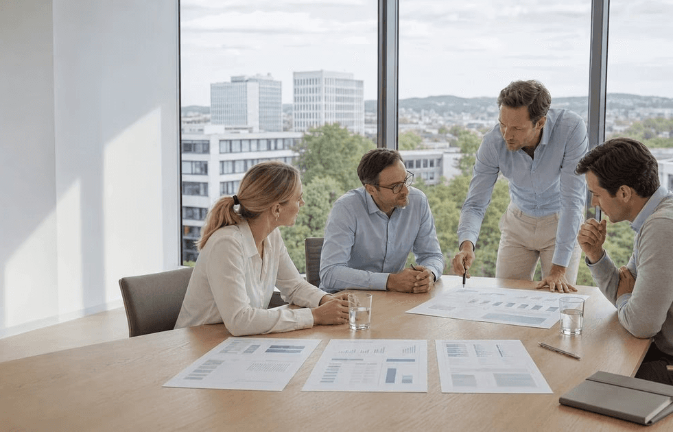 Diverse Gruppe von Kollegen bei der Zusammenarbeit in einem modernen, lichtdurchfluteten Büro.
