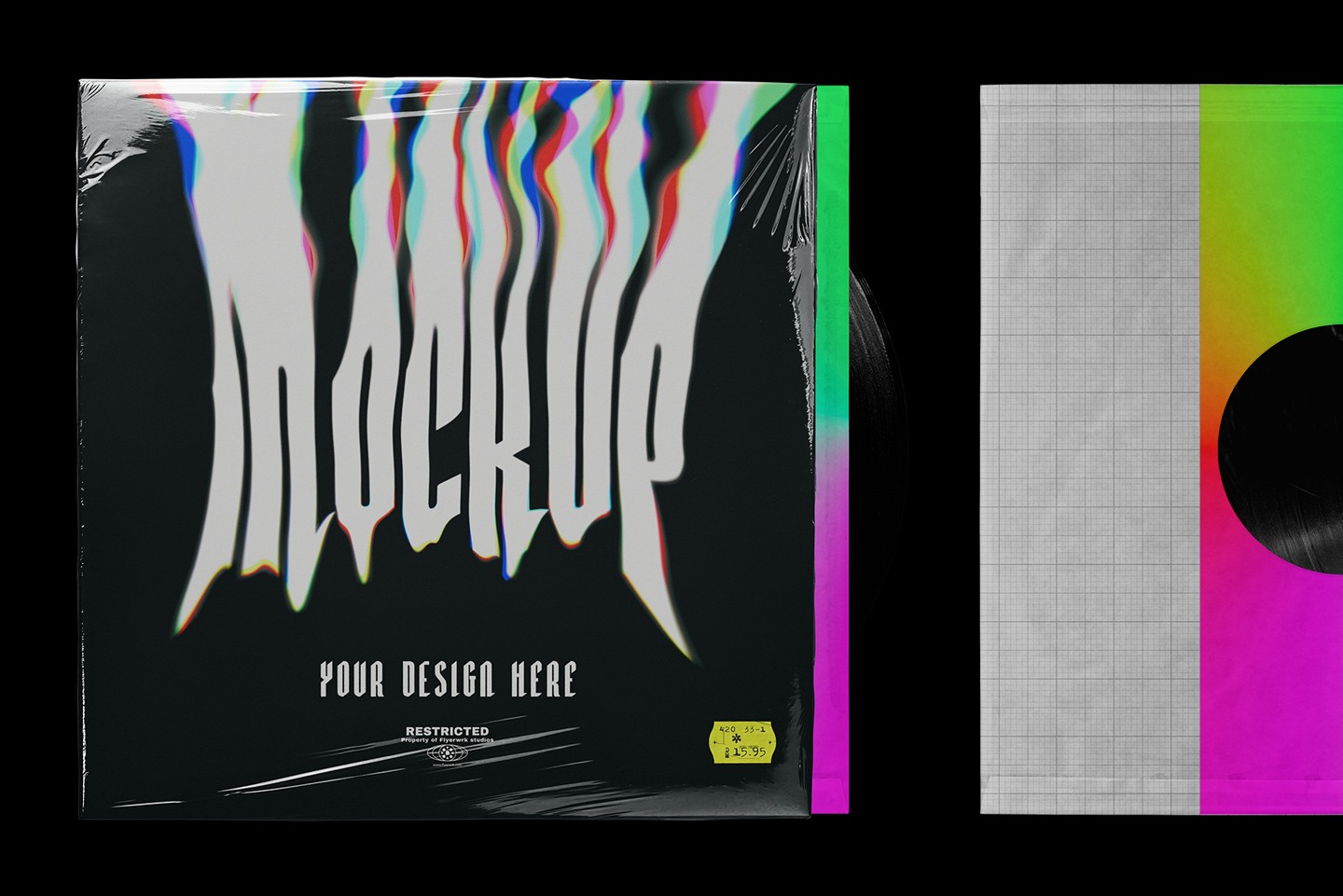 Vinyl record mockup with distorted album artwork preview and visible record sleeve