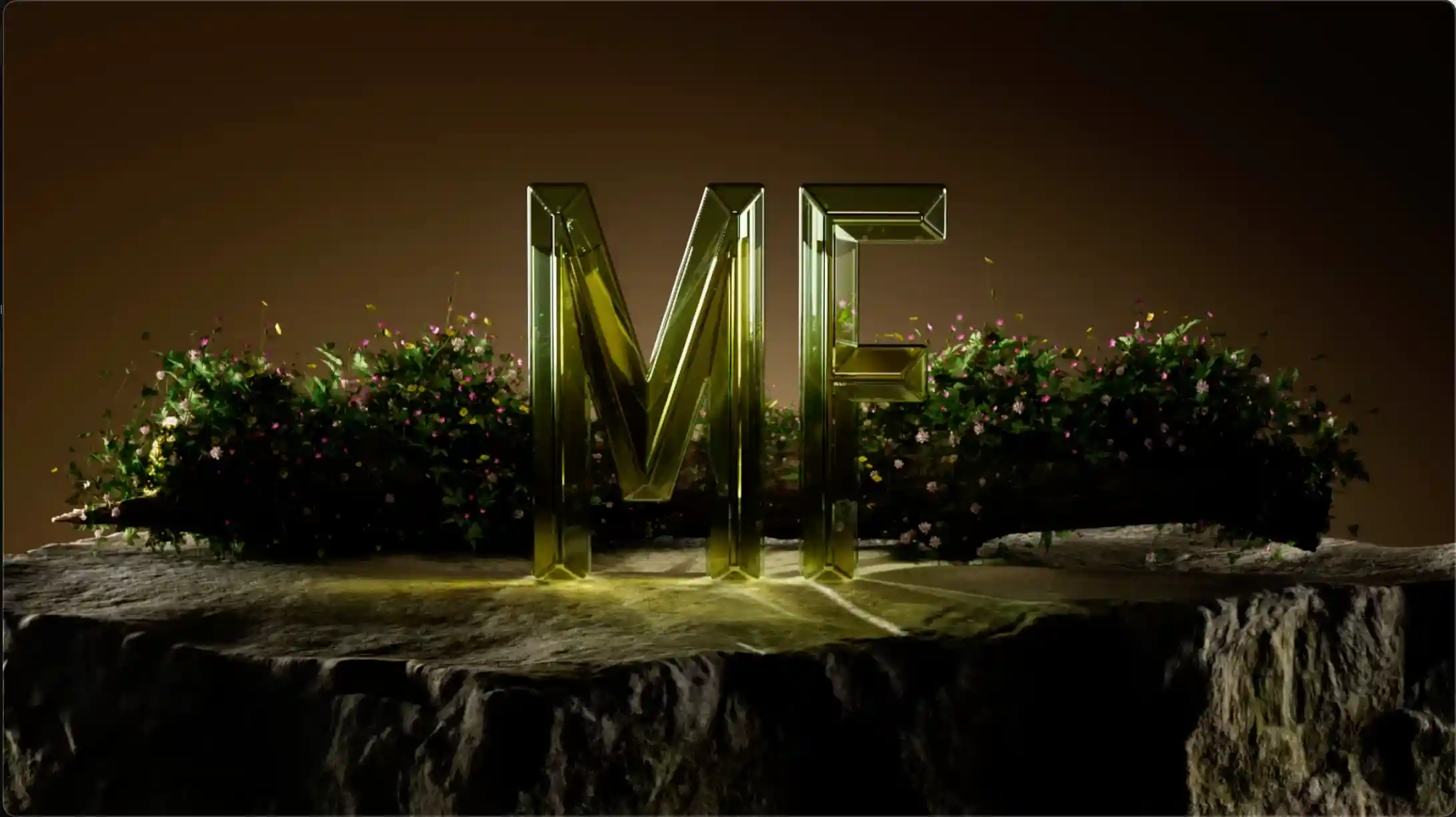 Mainframe MF monogram in green glass among wildflowers, poster for the drinks CGI hero film