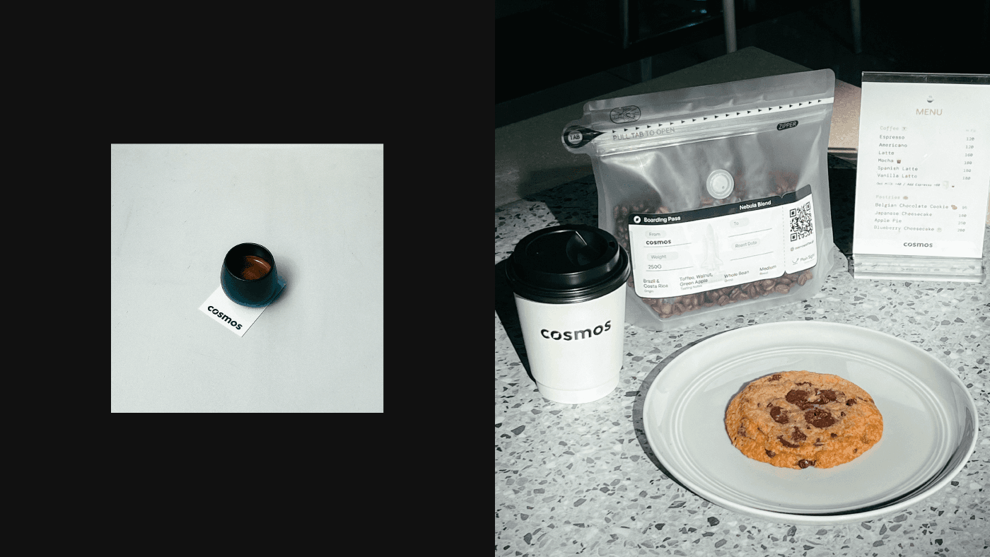 Photos of the Cosmos logo on a coaster, coffee cup, and on a bag of beans.