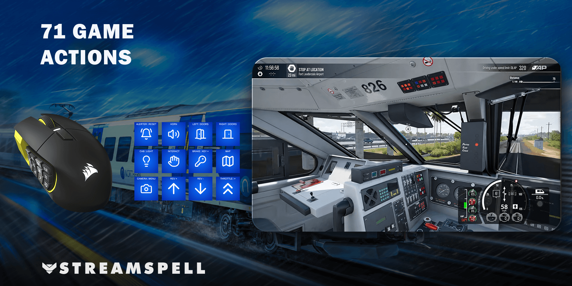 Train Sim World 7 gameplay beside SCIMITAR mouse controls and matching command artwork