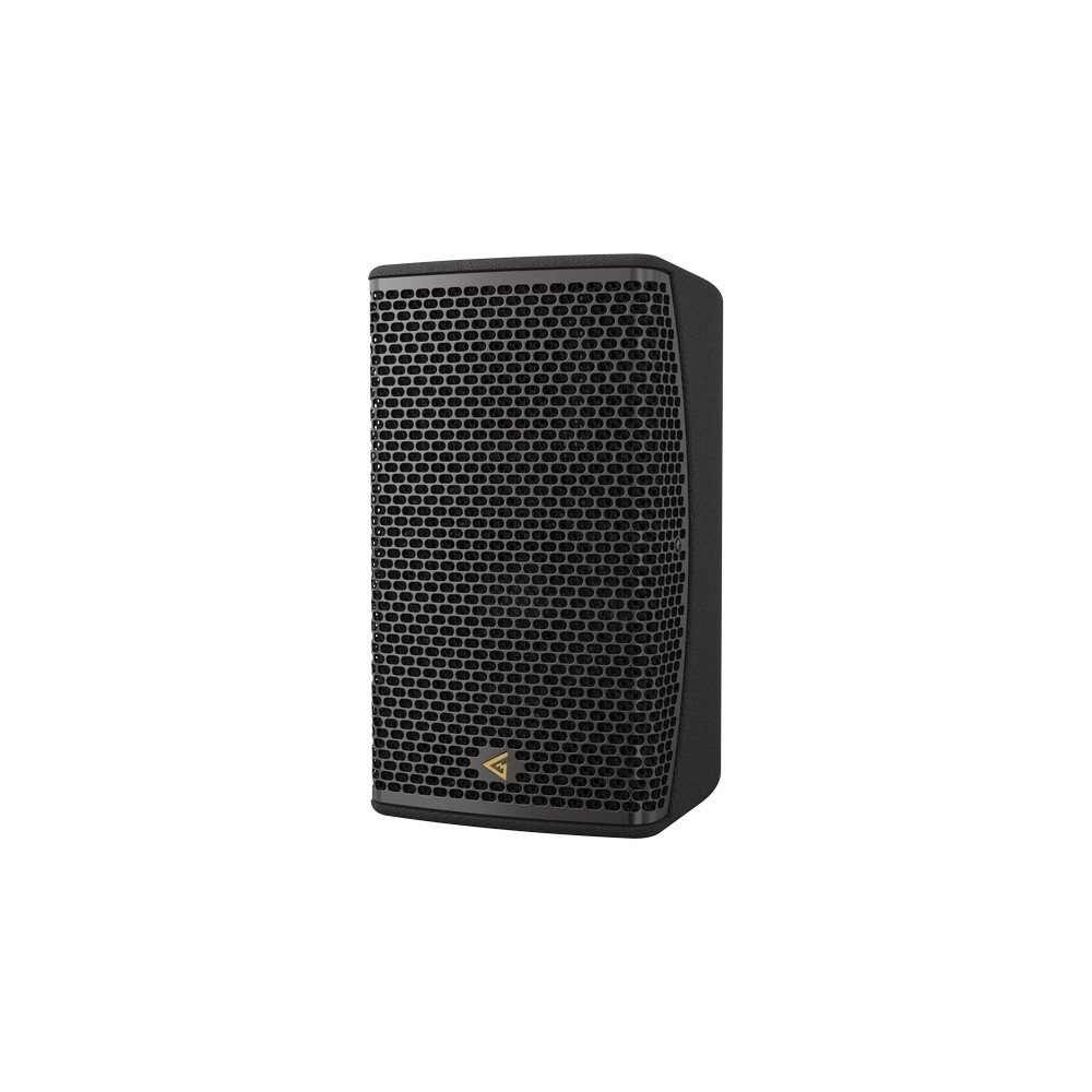 Black speaker with honeycomb grille and gold logo