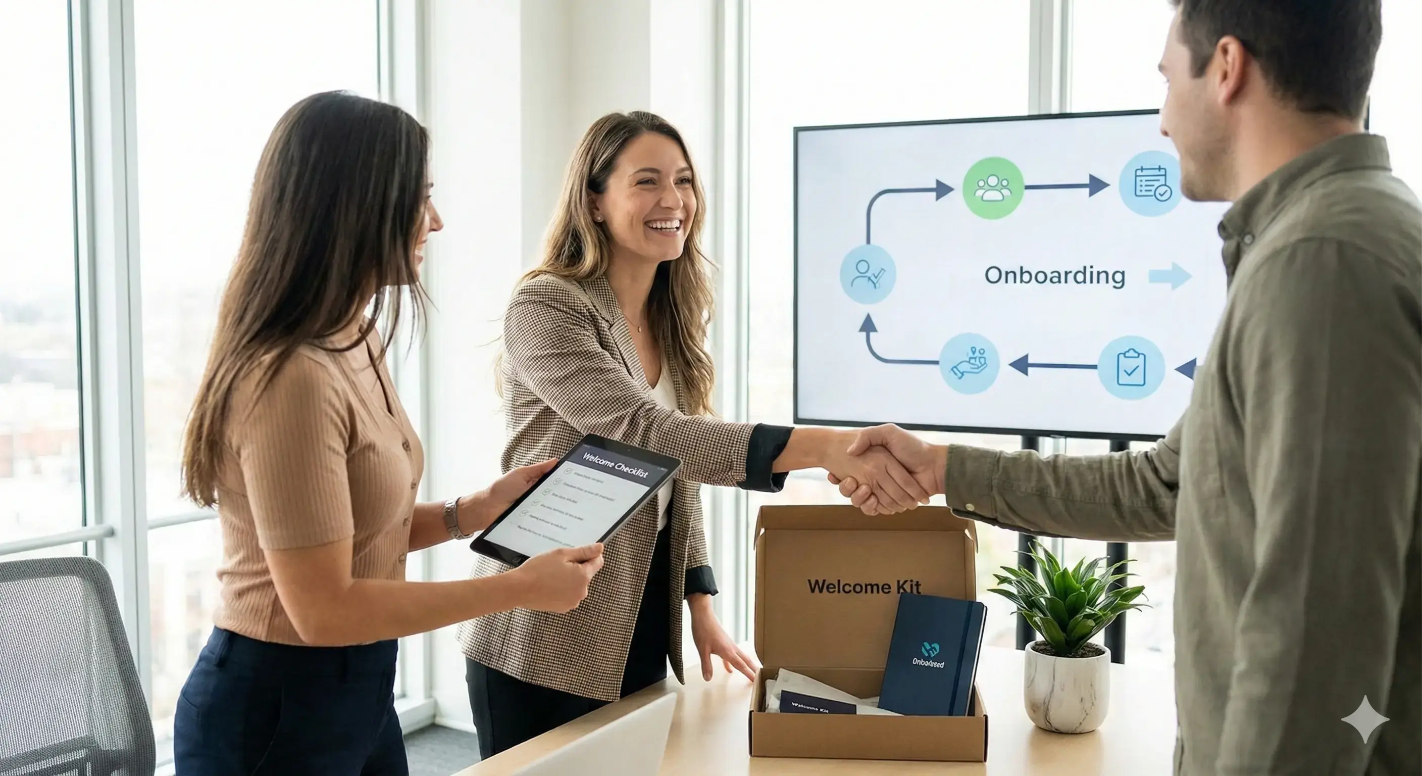 A talent recruiter with a soft smile working on her laptop in the office. The angle is on her face so we can't see what's is on the screen. She is wearing a blazer 