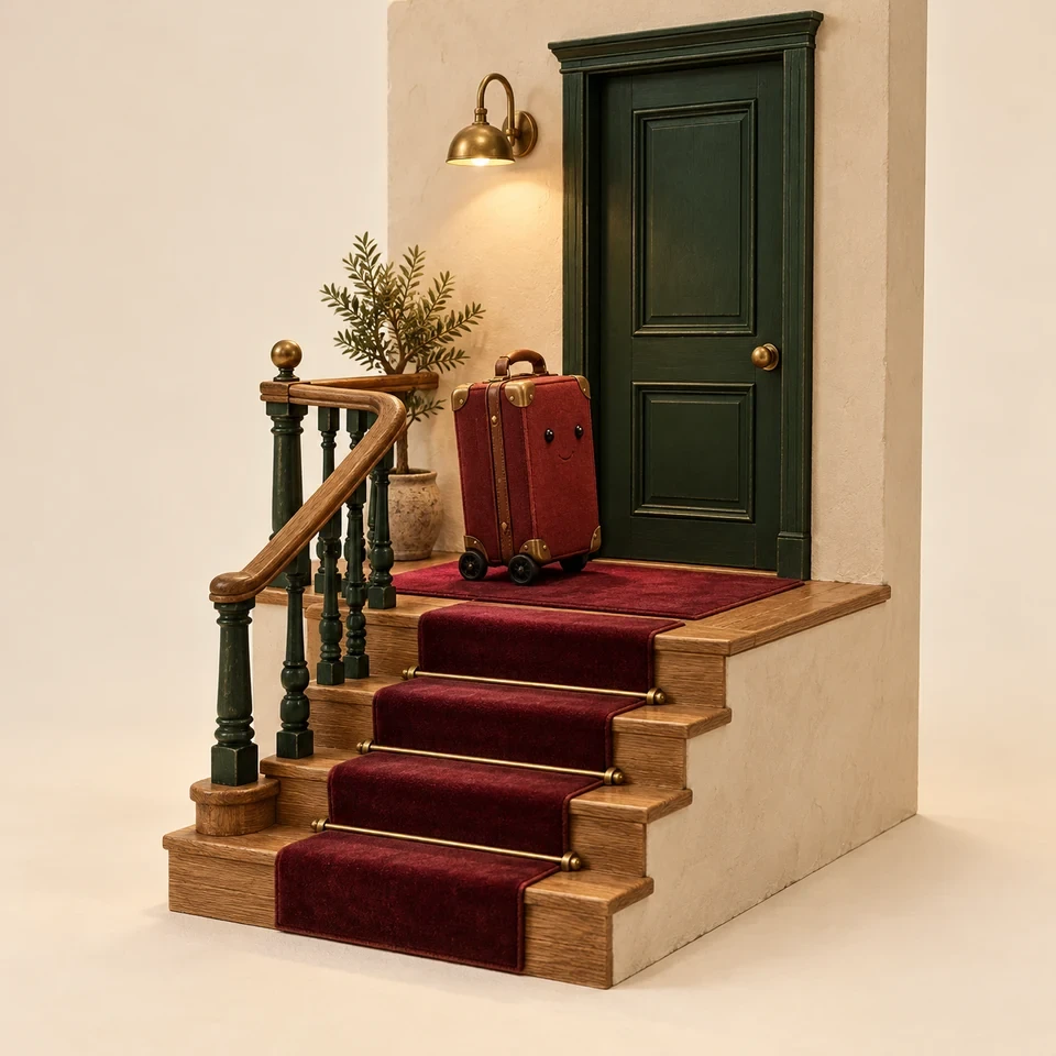 A surreal hotel landing vignette featuring Dot, the oxblood suitcase, beside a green door and brass-lit staircase with an oxblood runner.