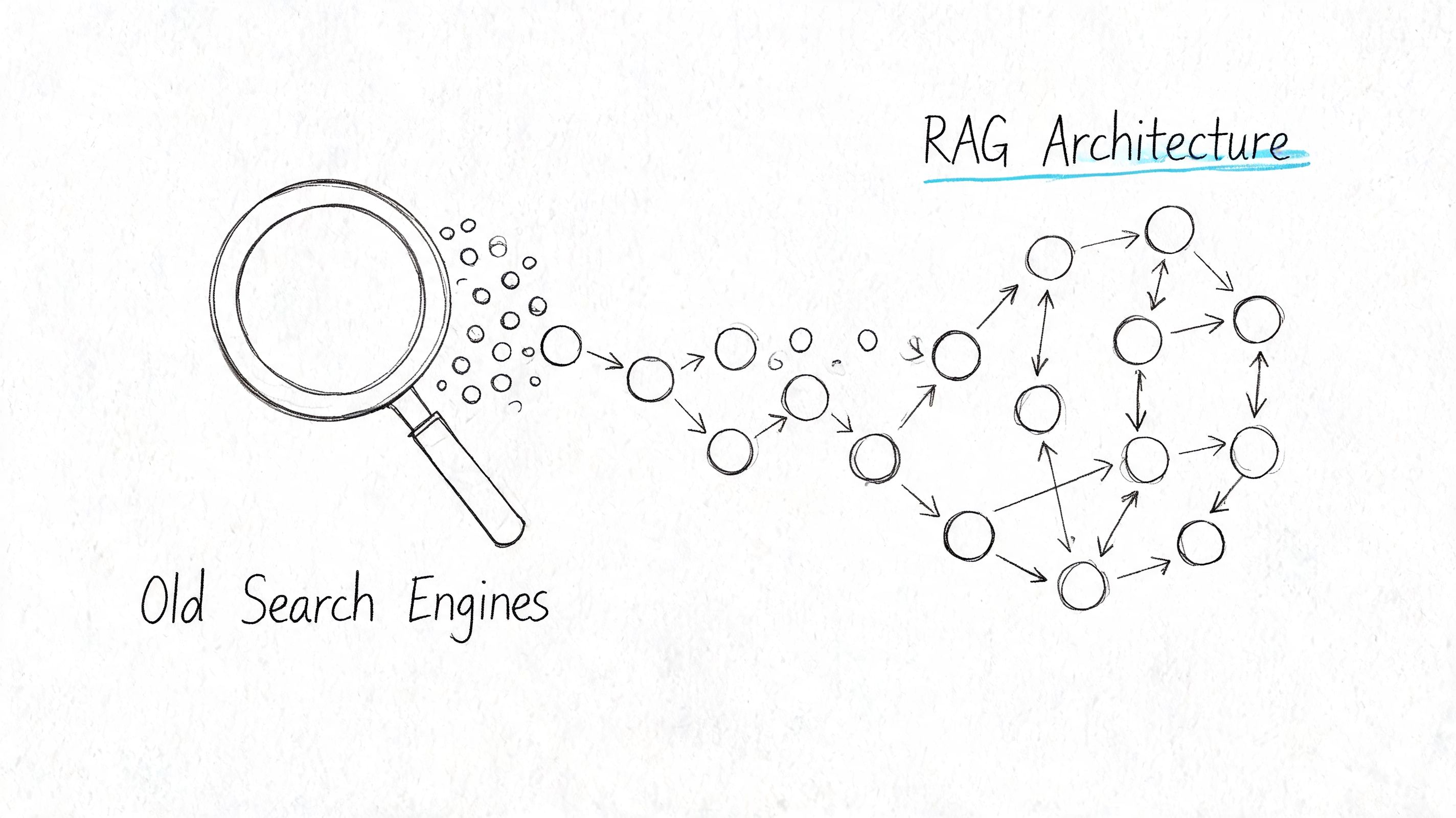 A hand-drawn comparison illustration between traditional search engines and the modern RAG architecture for data retrieval.