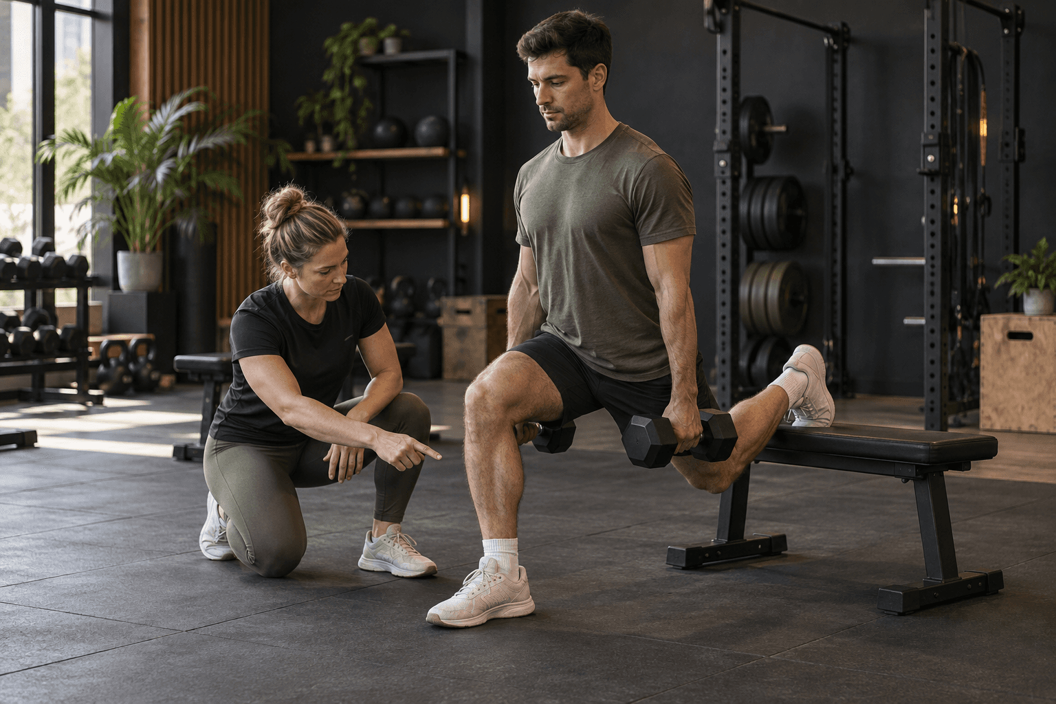 Coach observing a client's supported split squat movement assessment
