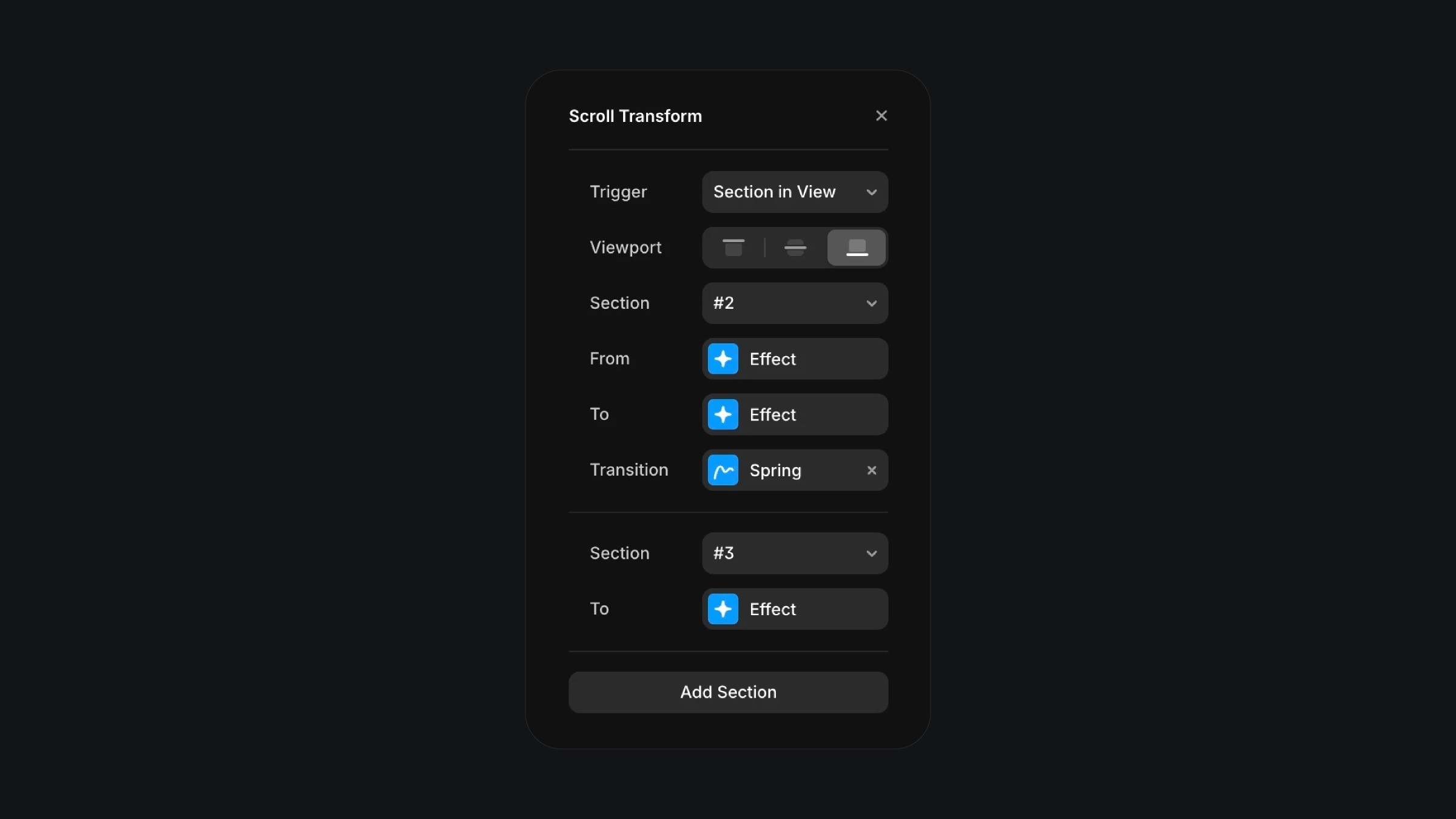 Framer scroll transform settings panel with section effects
