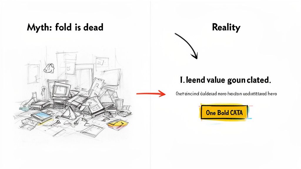 A messy desk illustrates the 'fold is dead' myth, contrasted with a clear call to action button.