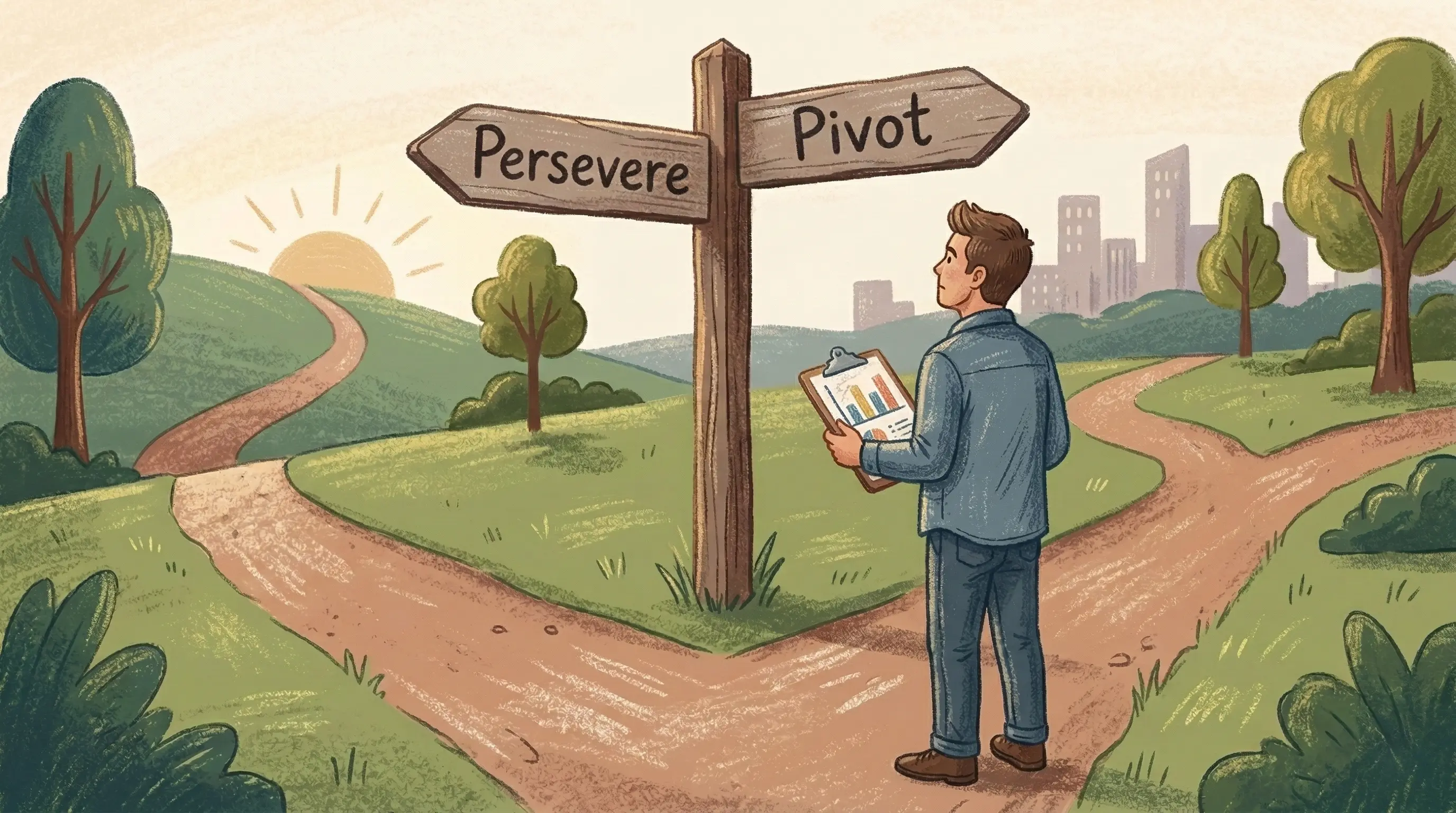 A split-path signpost showing one path labeled "Persevere" and the other "Pivot," with a founder analyzing data to make the decision.