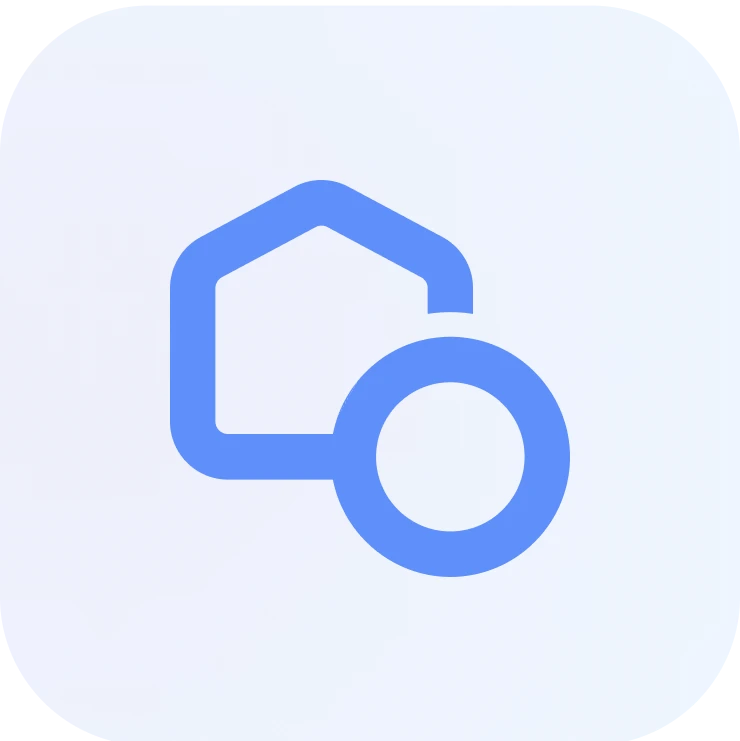 A blue icon on a light background featuring a stylized outline of a house with a circular element overlapping its lower-right corner. The design suggests concepts related to home, security, or access, possibly symbolizing smart home technology, property management, or real estate services.