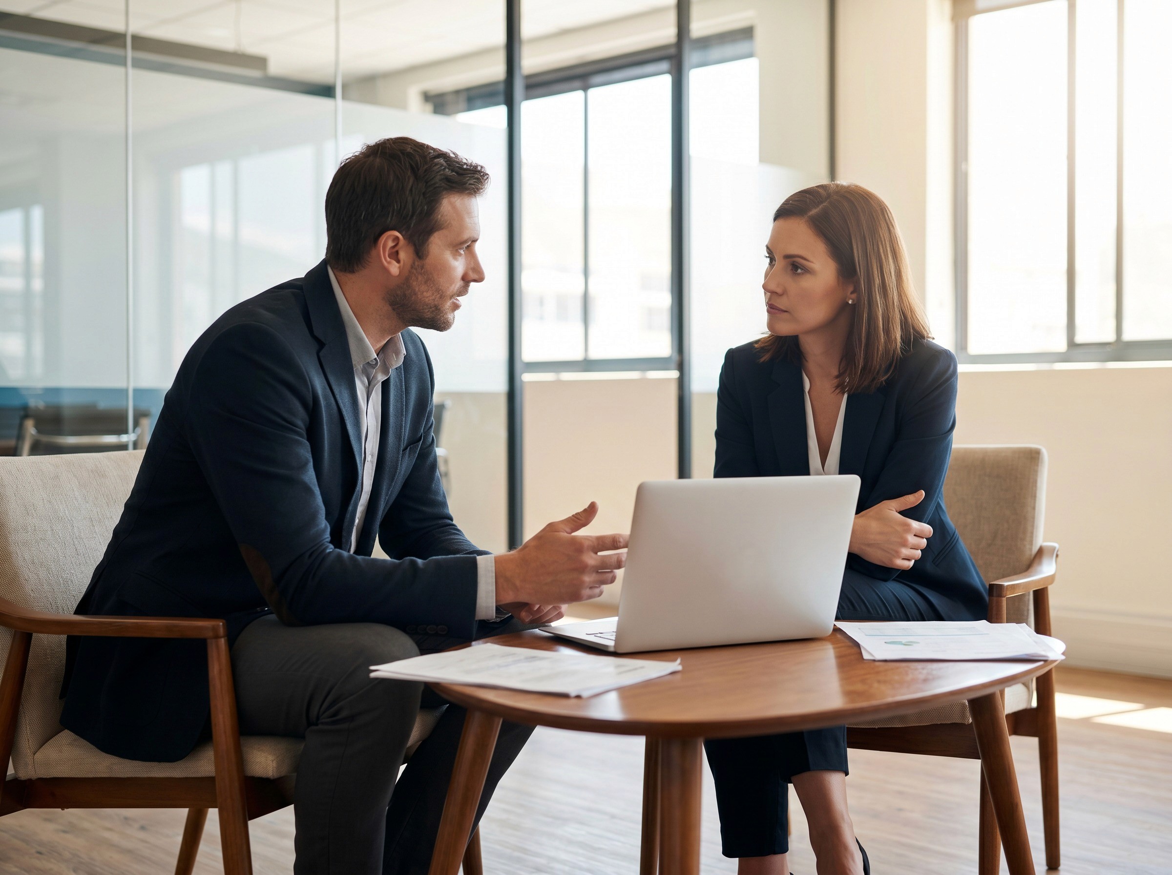 A close-up of two financial services professionals (man and woman, 30s) in business attire, sitting across from each other at a small meeting table in a modern office. One is explaining something with a hand gesture, the other is listening intently. Papers or a laptop between them. The scene suggests a difficult workforce conversation being had properly. Natural office lighting, slightly warm. Medium depth of field. No logos, no text. Candid, not posed.