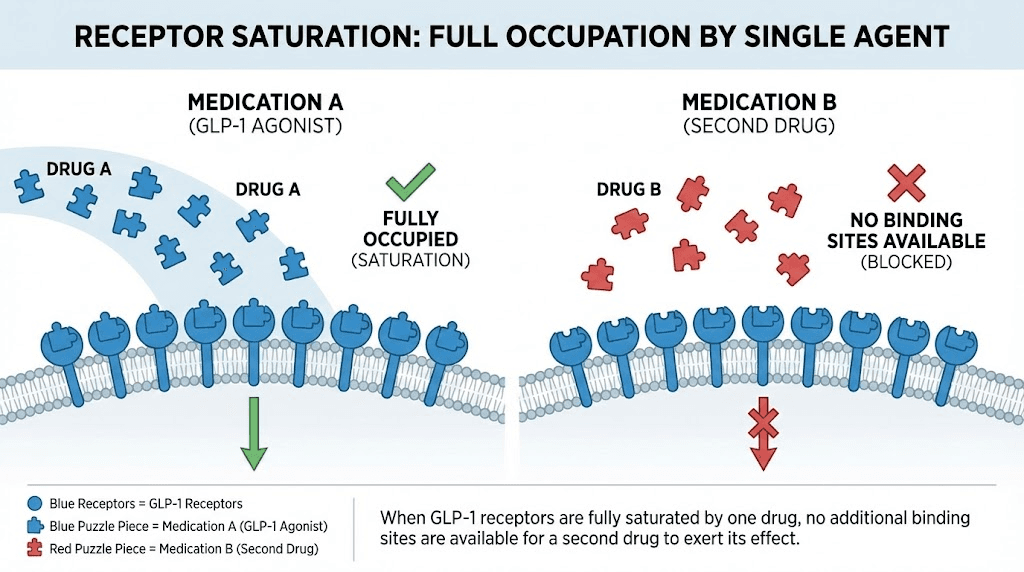 GLP-1 receptor saturation diagram showing why combining semaglutide and tirzepatide does not work