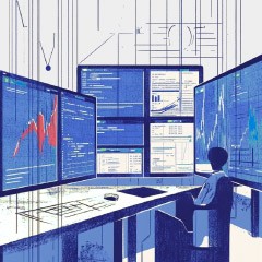 Portada de Radiografía: monitoreo de la oferta programática, hacia una gestión eficiente y transparente de los recursos públicos, estudio de IdeaPaís, mostrando una ilustración de una persona frente a numerosas pantallas observando datos y gráficos. 