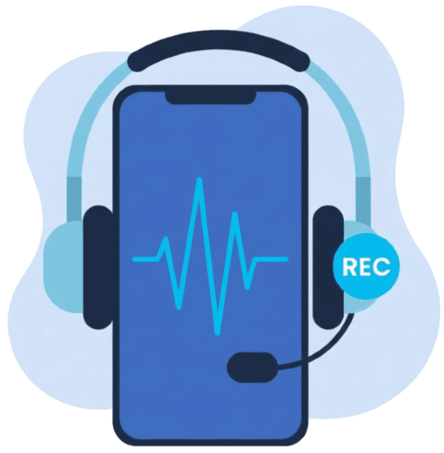 Headset with a phone and 'REC' icon representing the call recording feature.