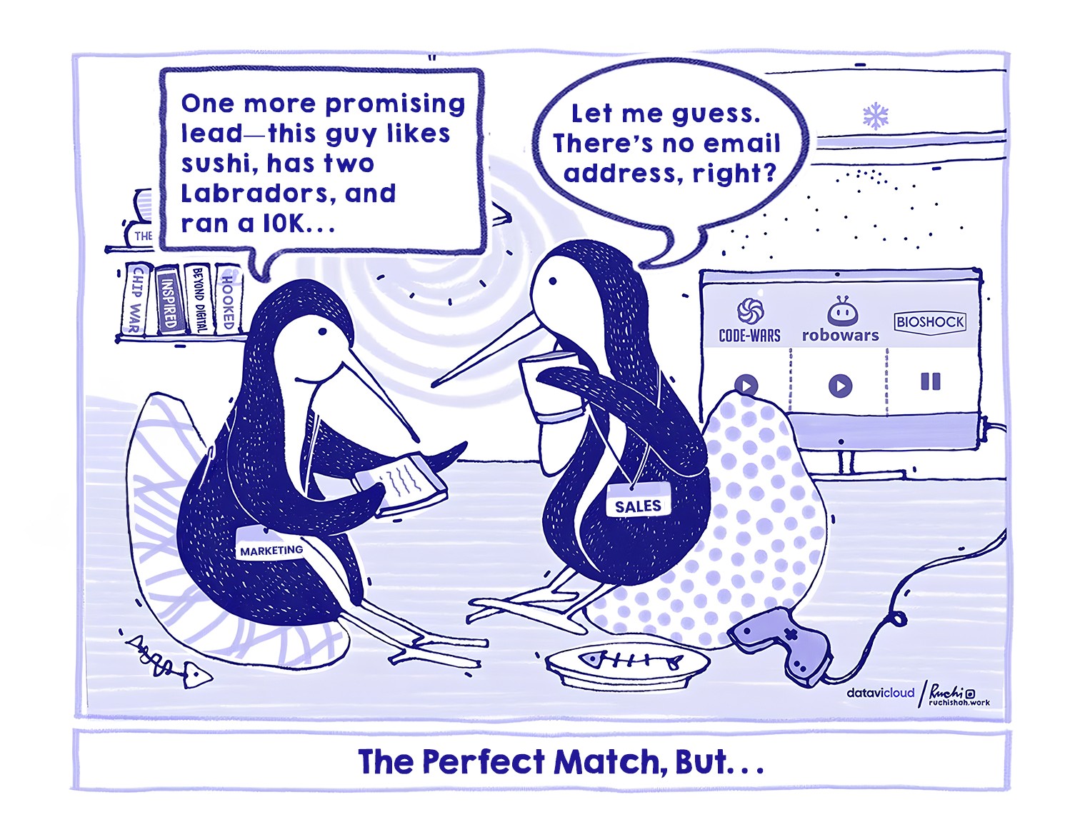 B2B sales humor cartoon titled 'The Perfect Match, But...' featuring penguins representing Marketing and Sales discussing a lead with extensive personal hobbies but no professional contact information, highlighting the need for actionable lead intelligence.