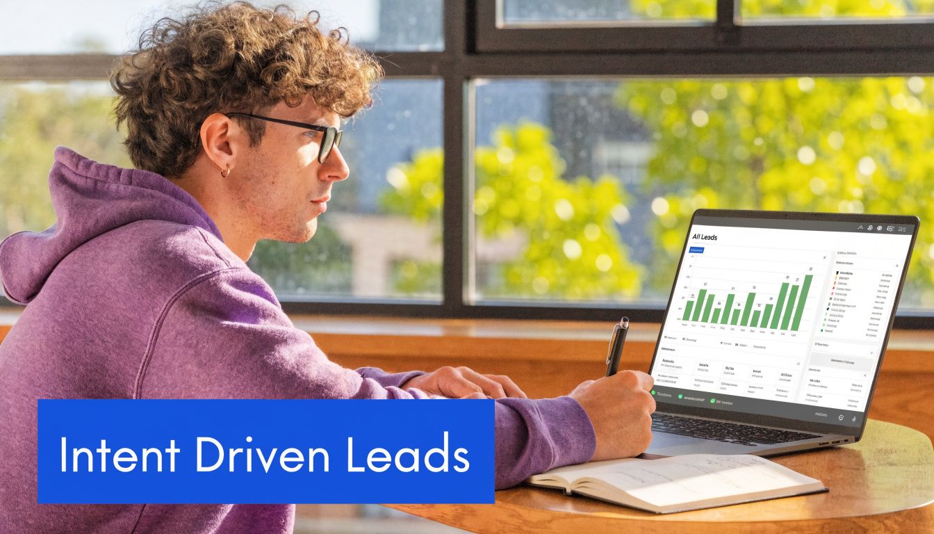 A young man wearing glasses and a purple hoodie works on his laptop, analyzing sales data.