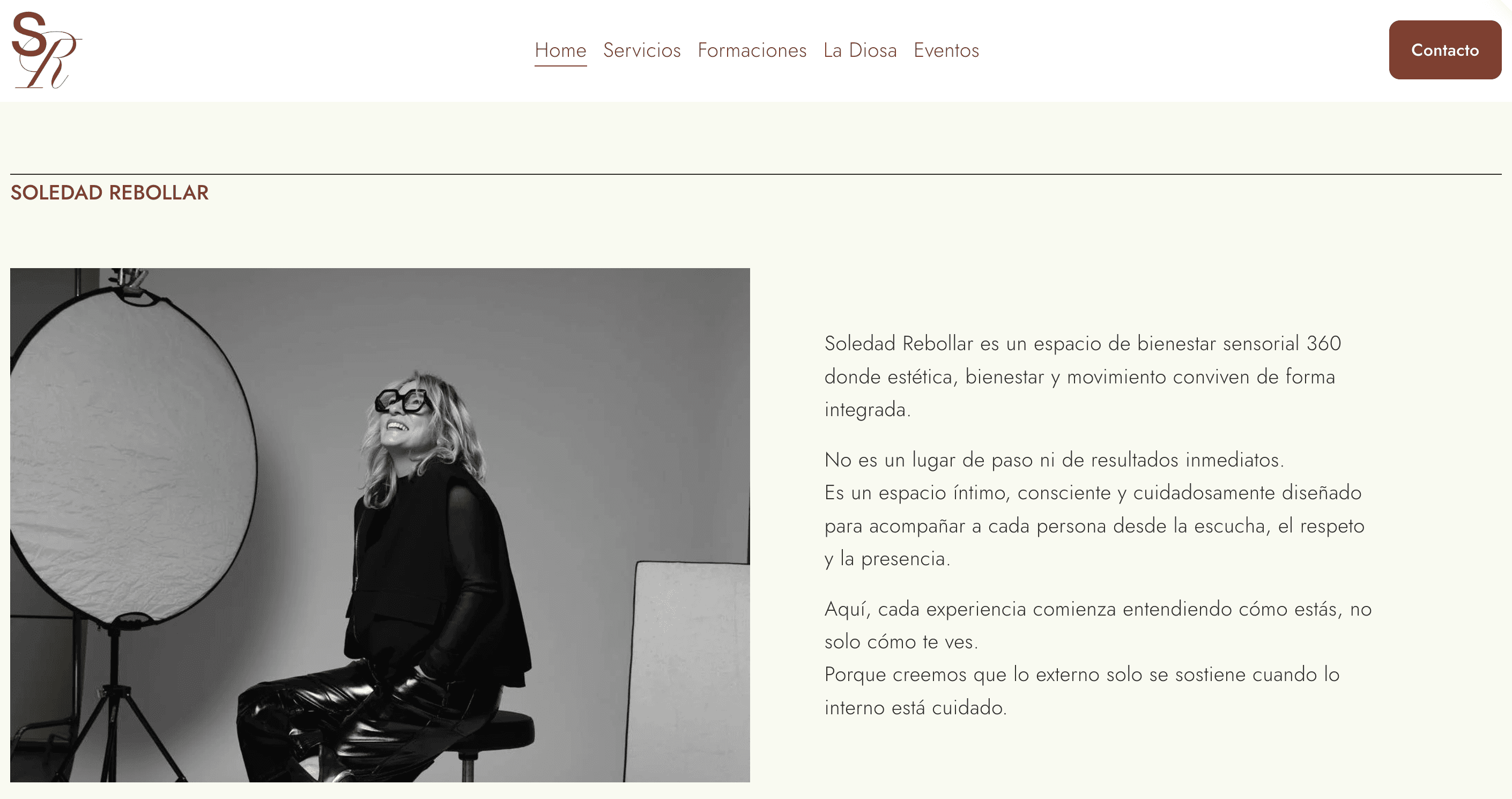 Screenshot of the Soledad Rebollar homepage, featuring a black and white studio portrait of Soledad alongside a description of her brand as a 360 sensorial wellness space where aesthetics, wellbeing, and movement come together.