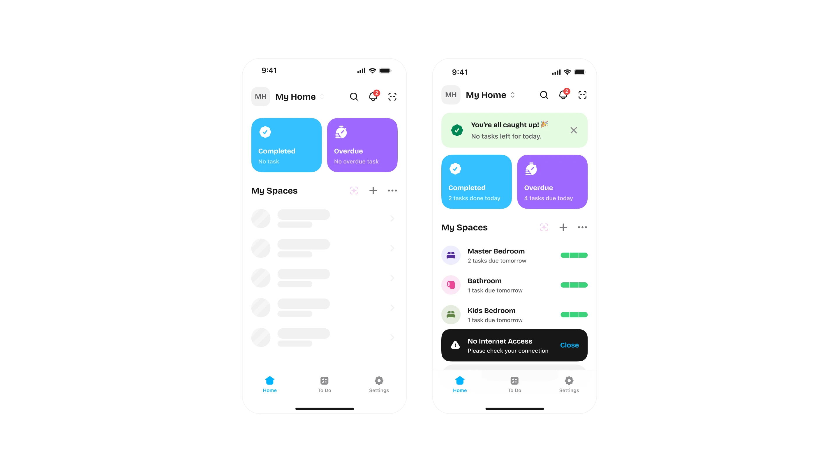 Upkee home screen showing household tasks and offline access when there is no internet connection
